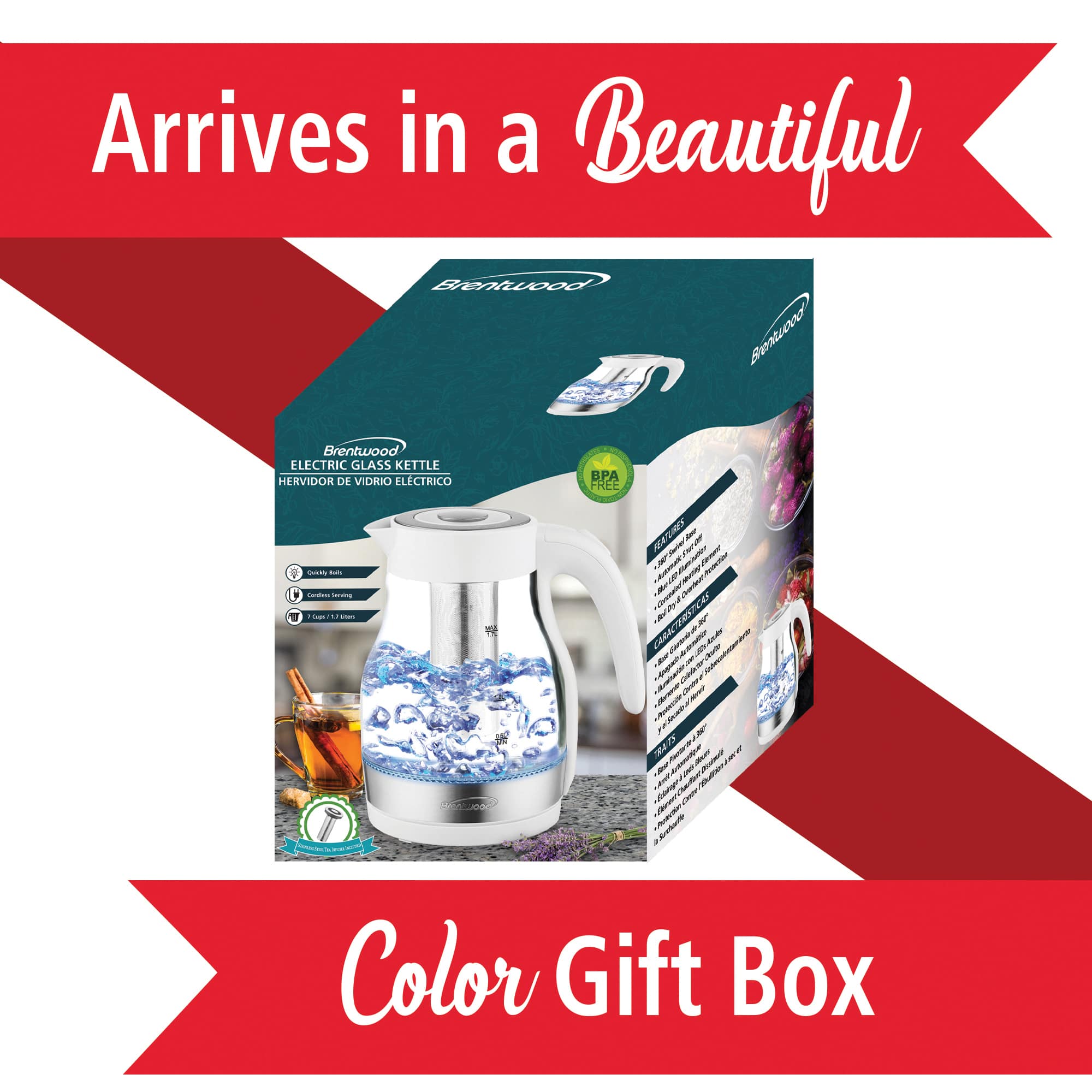 Brentwood 1.79qt. White Cordless Glass Electric Kettle with Tea Infuser and Swivel Base