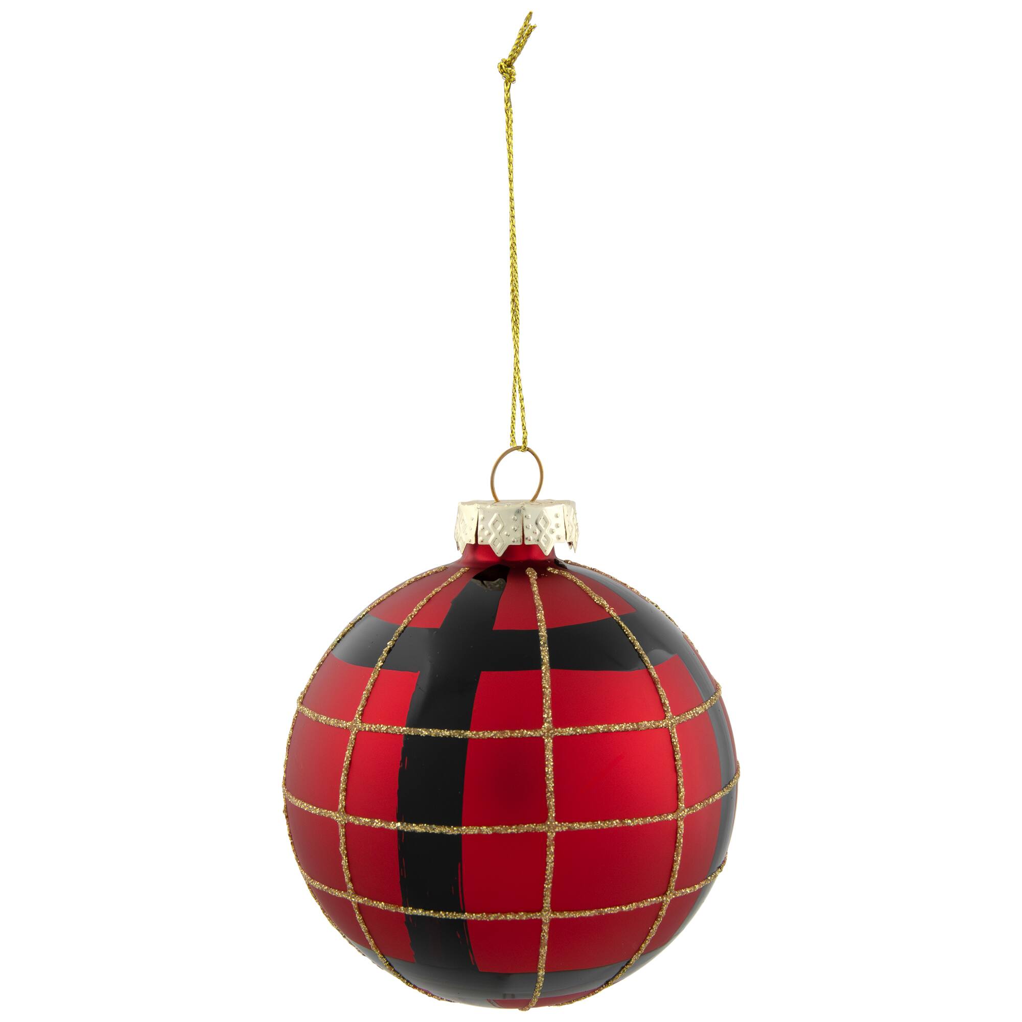 4ct. 3" Red, Black & Gold Plaid Glass Ball Ornaments