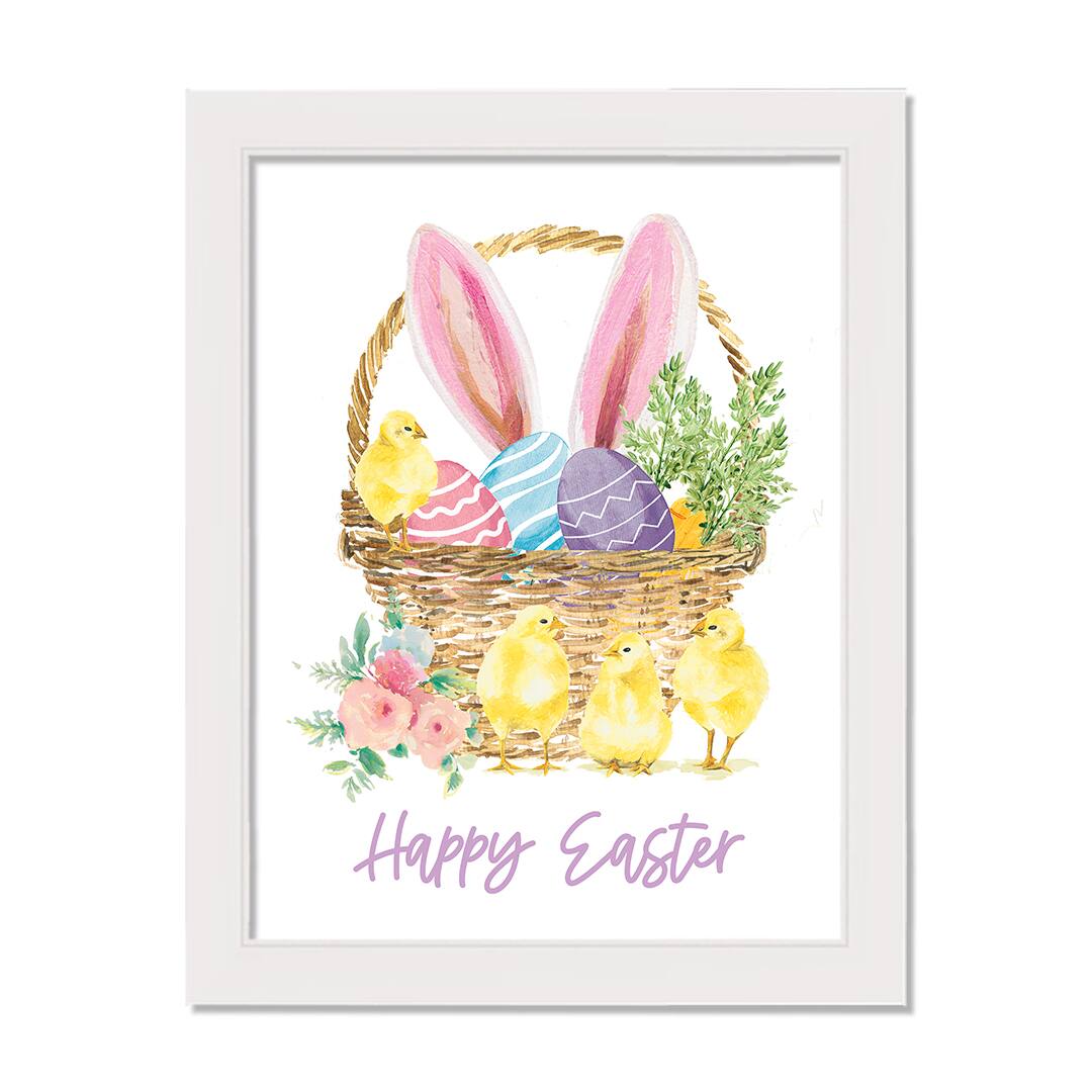 Egg and Chick Basket 12" x 16" White Framed Print Under Plexiglass