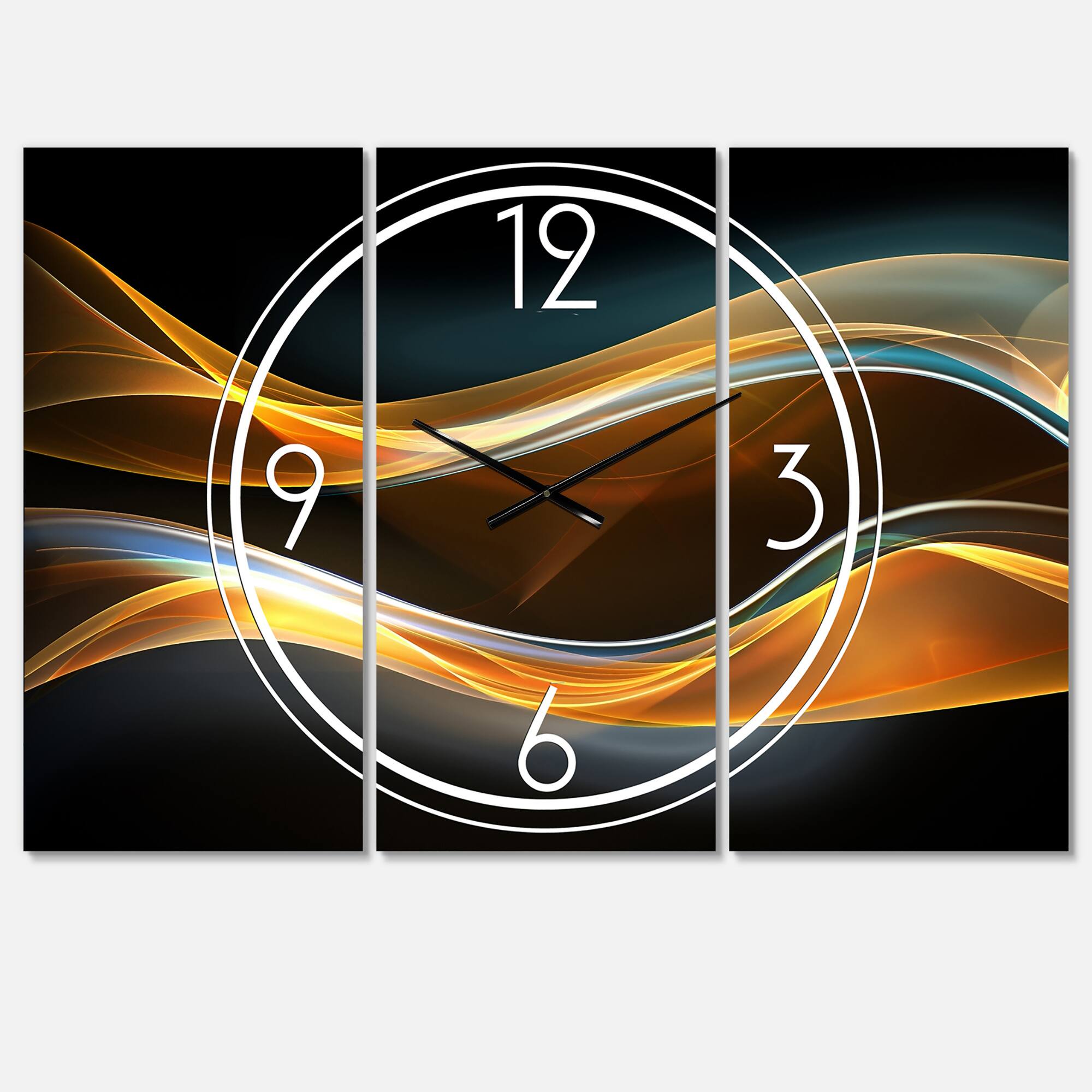 Designart 3D Gold Waves In Black Multipanel Wall Clock