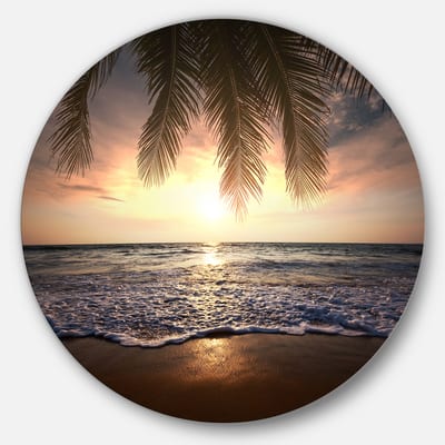 Designart - Tropical Beach with Palm Leaves' Seashore Oversized Circle ...