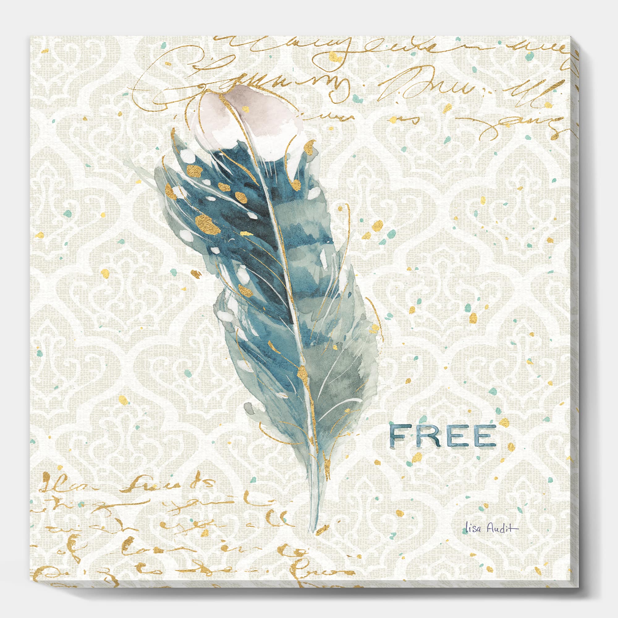 Designart - Damask Painted Gilded Feather on Blue - Nautical & Coastal Canvas Art in Beige | 16" x 16" | Michaels®
