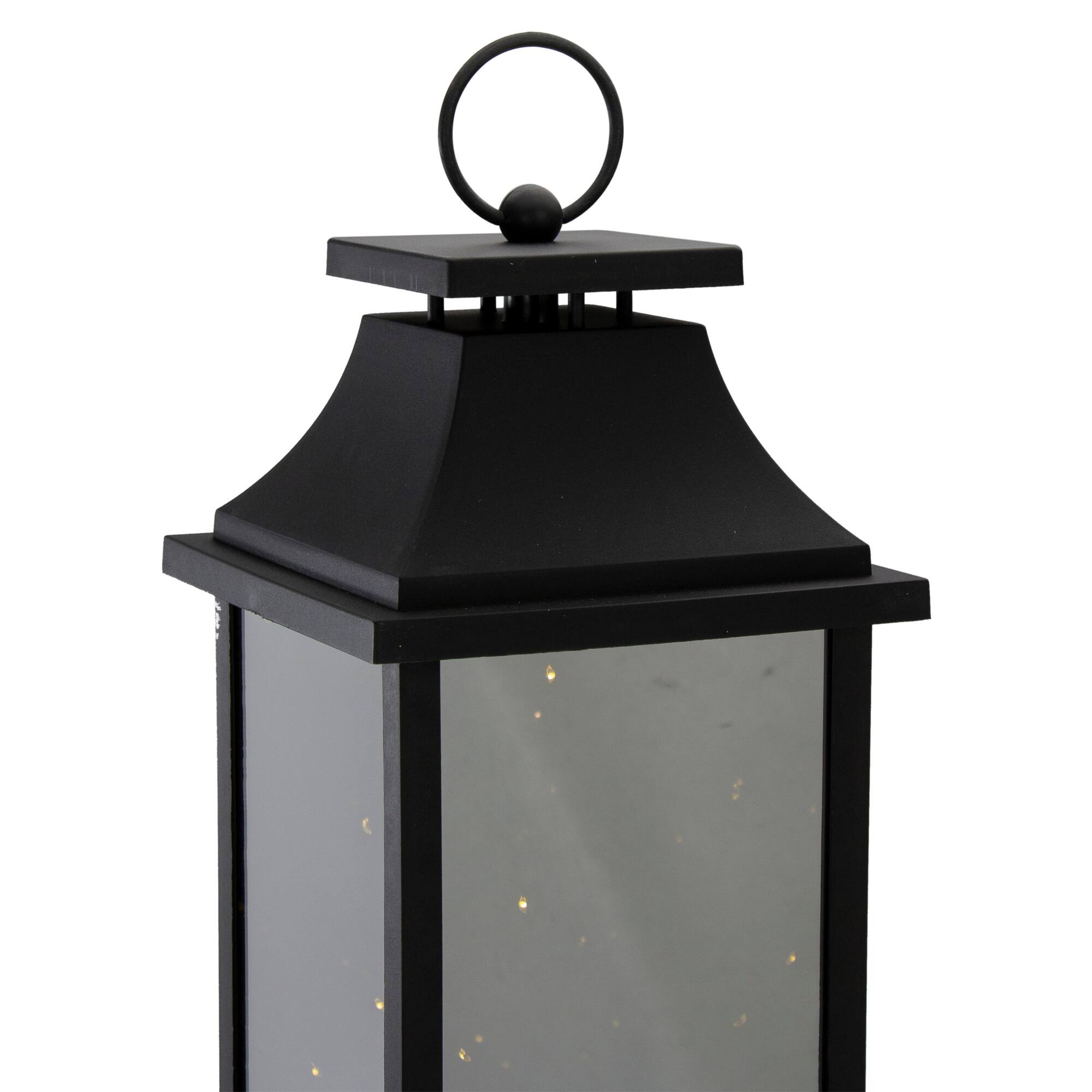 19" Black LED Mirrored Lantern with Warm White Flickering Lights