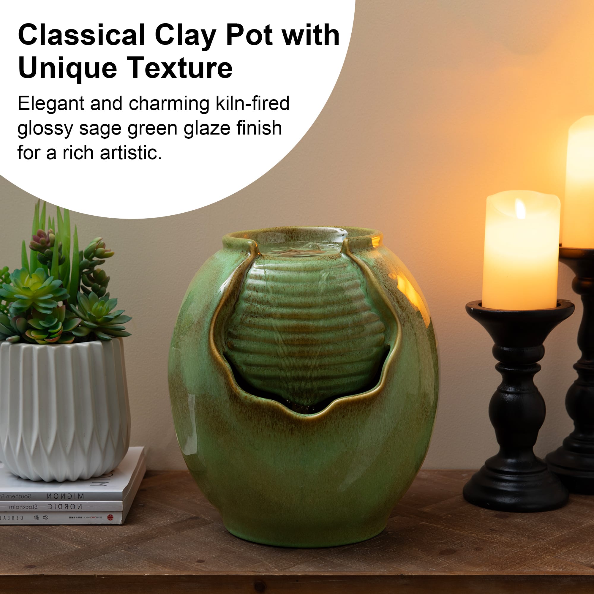 Glitzhome® 11.5" Sage Green Pot Tabletop Fountain with Pump