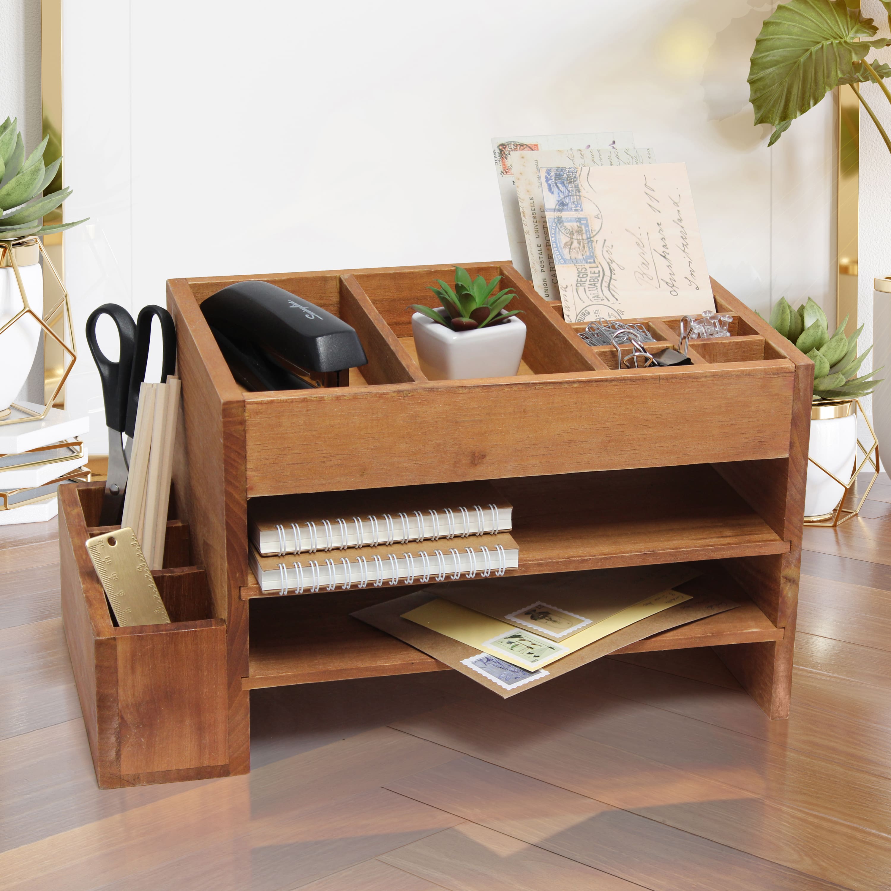 Elegant Designs Natural Wood Cubbies & Letter Tray Desk Organizer