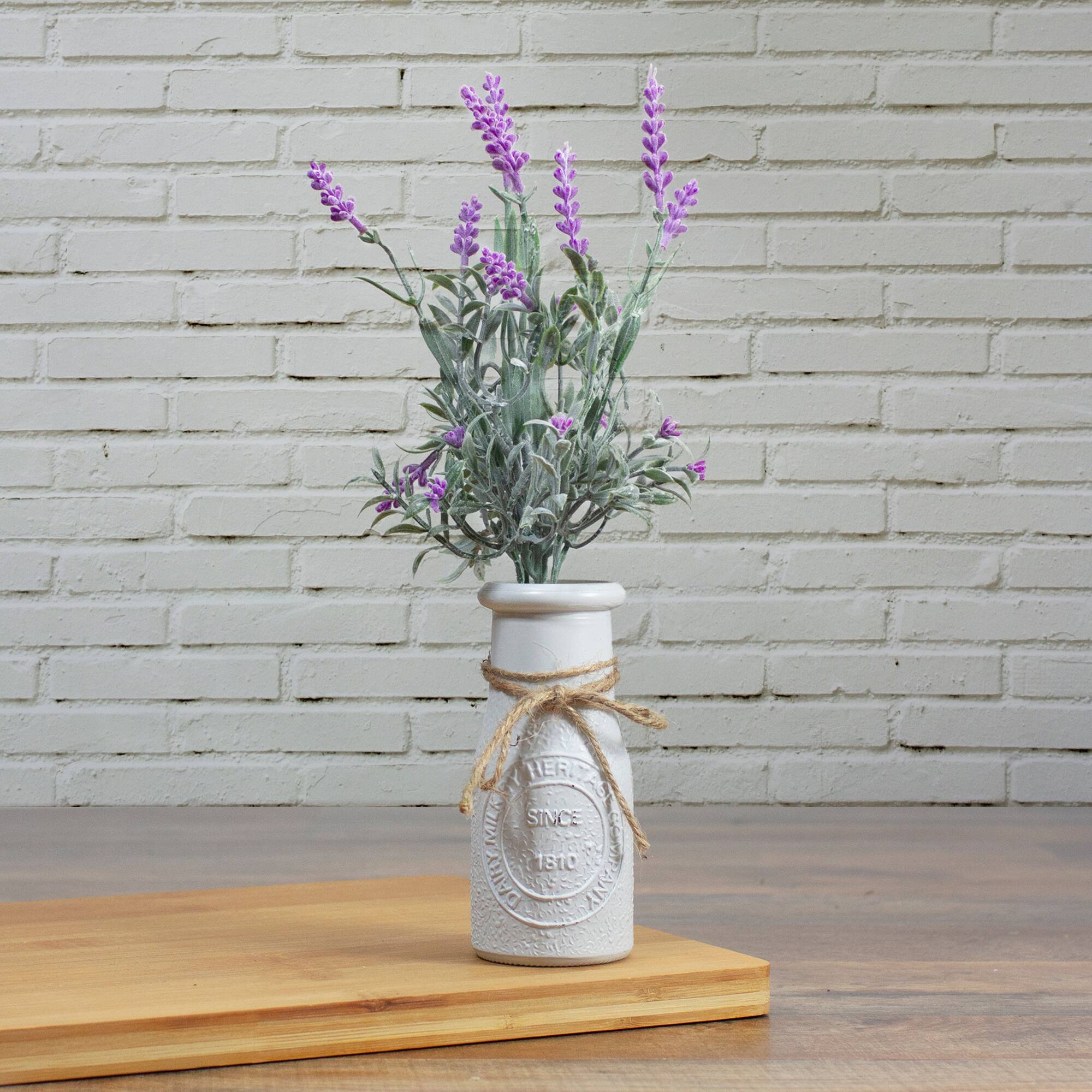 13&#x27;&#x27; Artificial Lavender Arrangement in Milk Bottle
