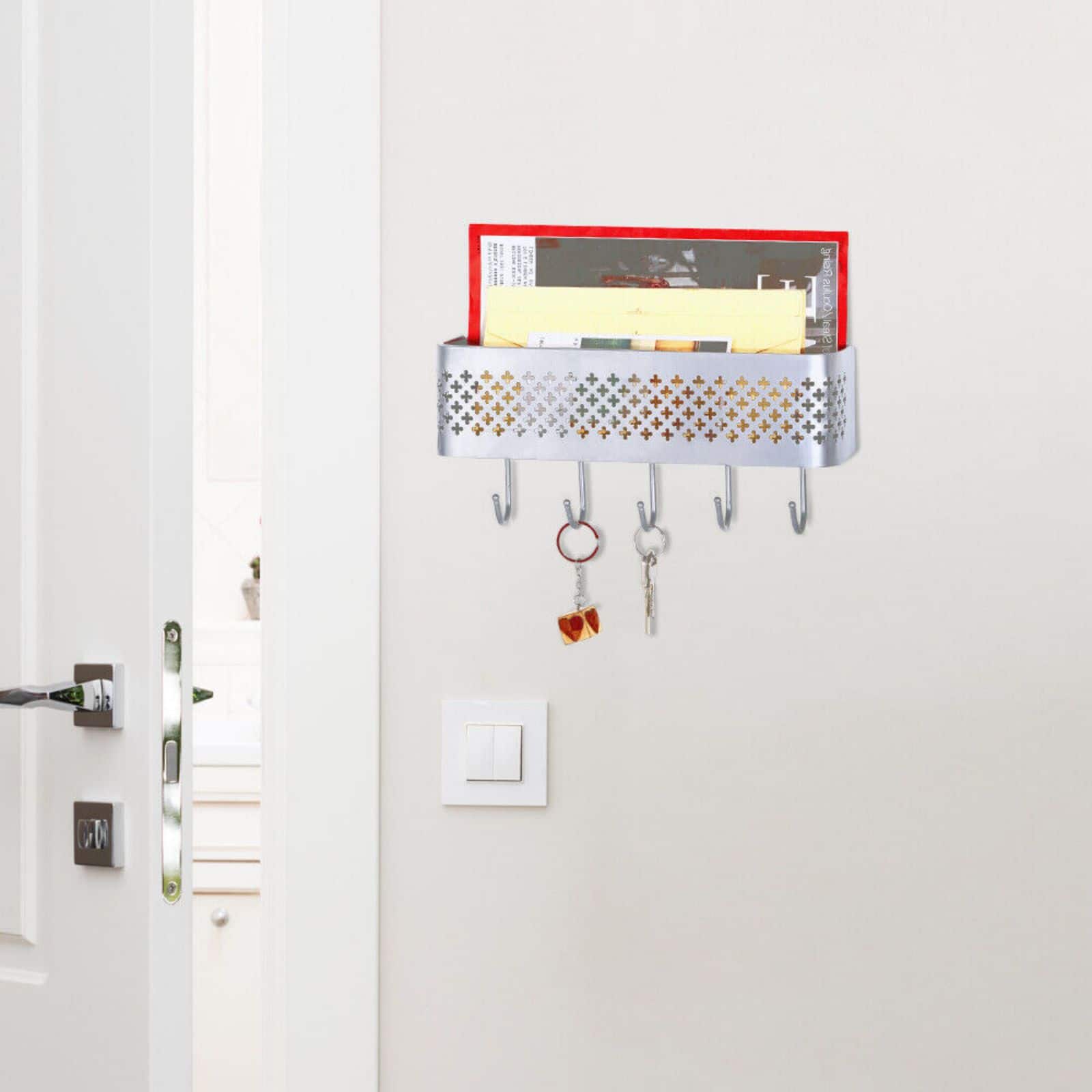 NEX™ Silver Wall-Mounted Mail Sorter and Key Organizer with 5 Hooks
