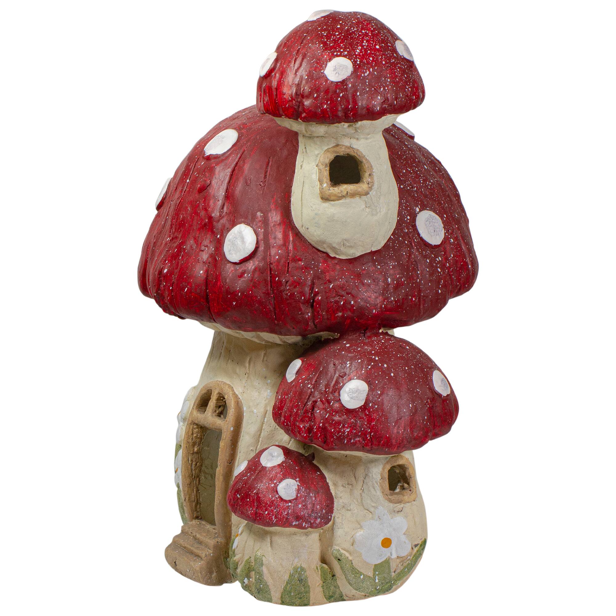 18&#x22; Red &#x26; Beige Mushroom House Outdoor Garden Statue