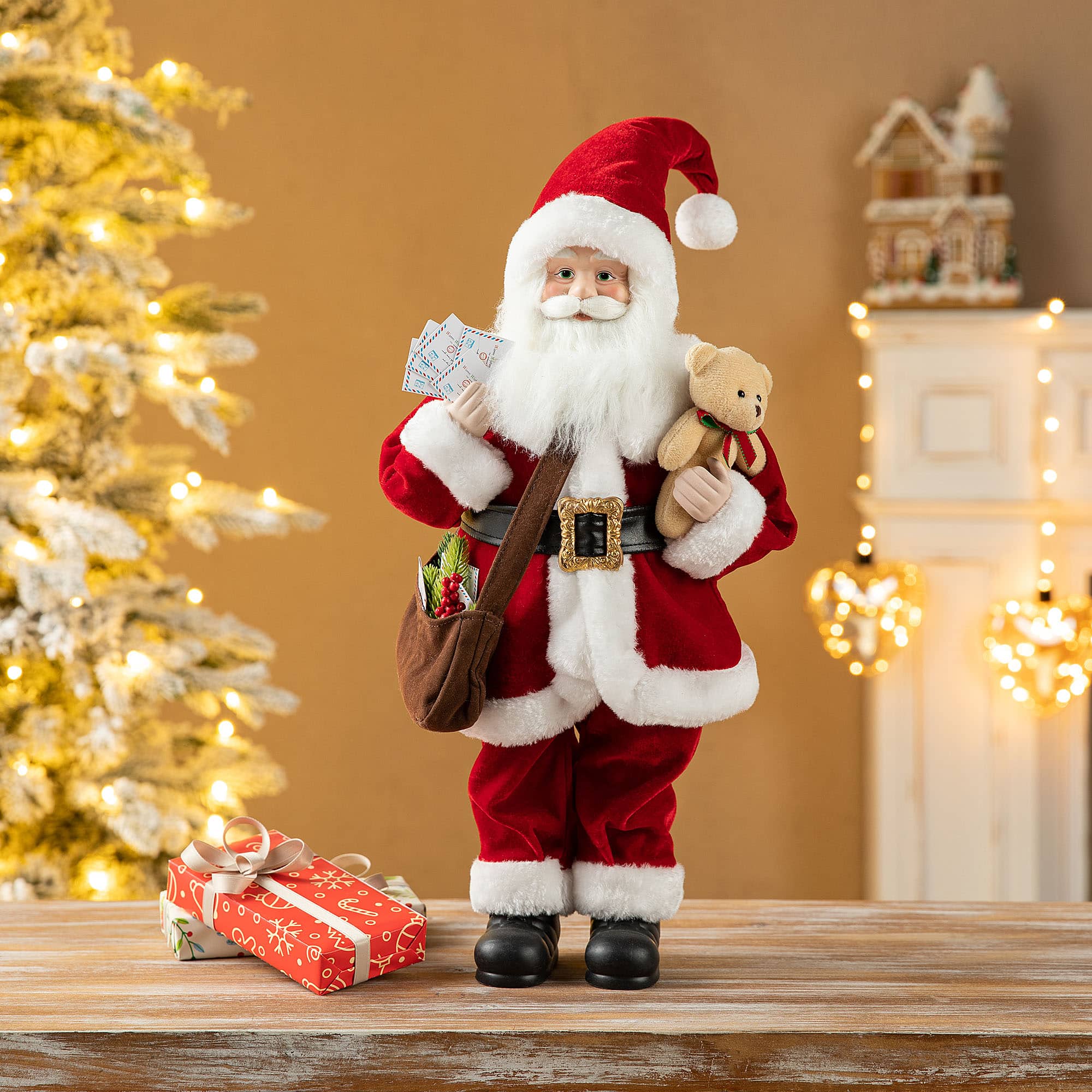 Glitzhome® 18" Faux Fur Christmas Mail Santa Figurine