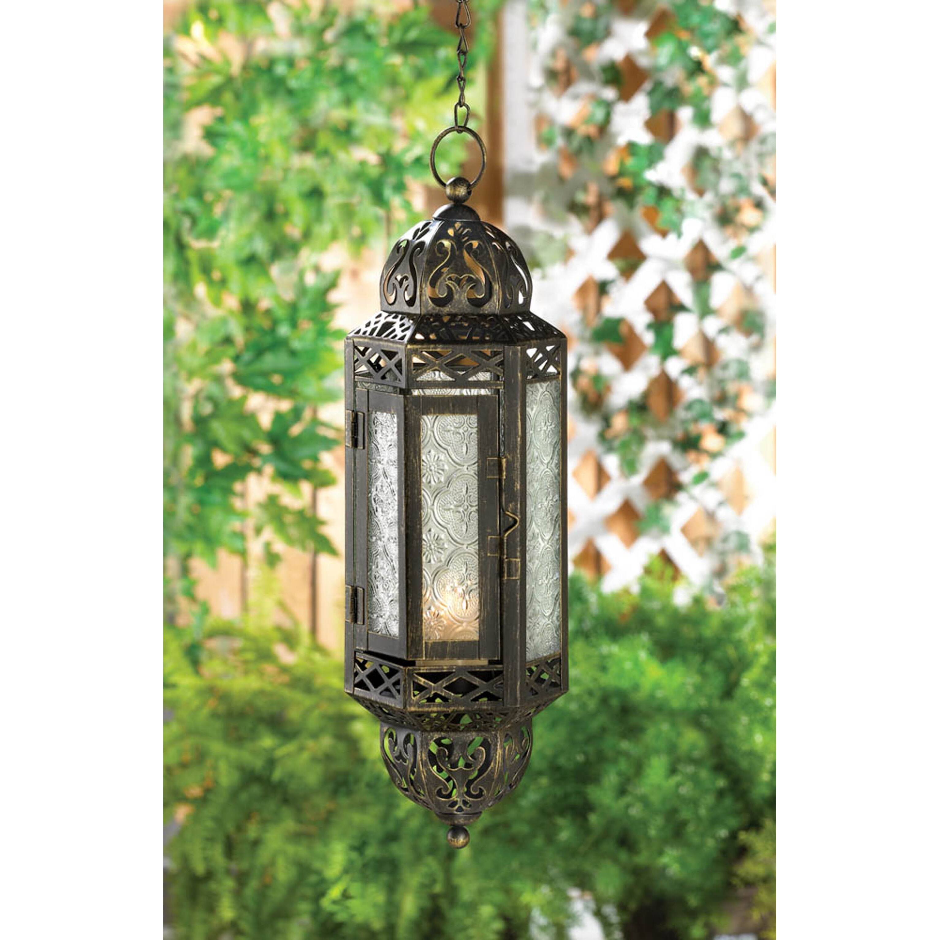 13&#x22; Antique Victorian Black Filigree Embellished Hanging Candle Lantern