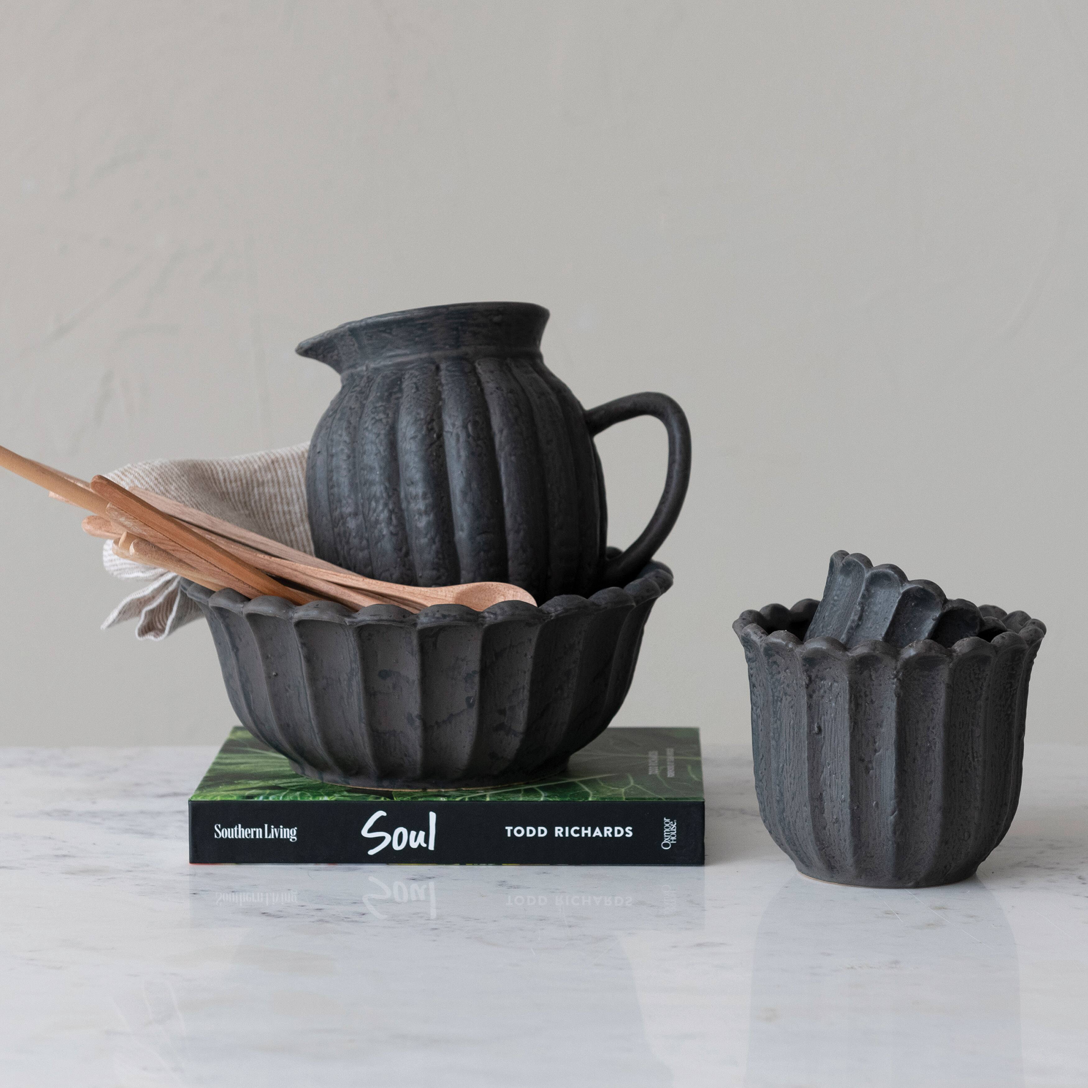 Hello Honey® 2.5qt. Matte Black Stoneware Fluted Pitcher