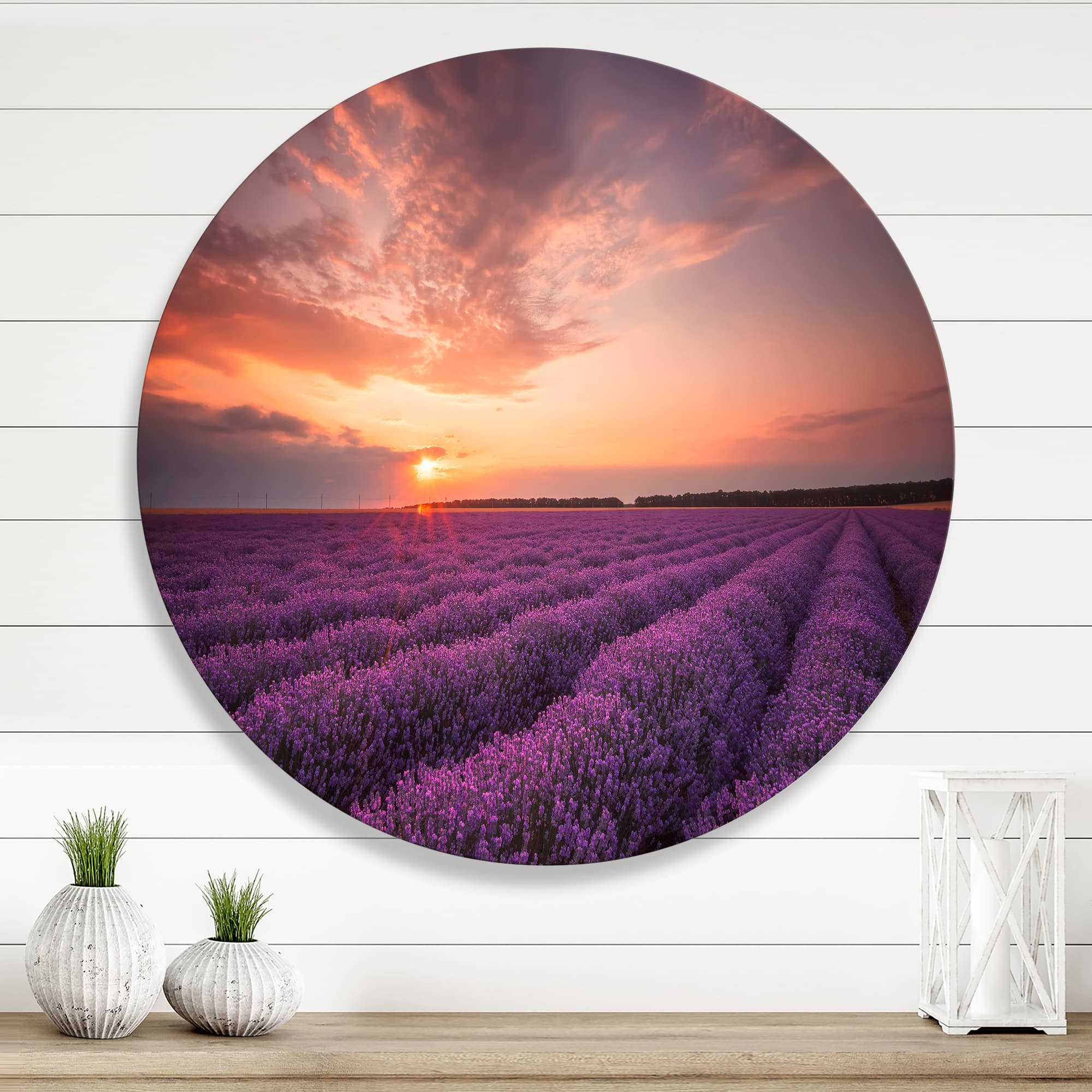 Designart - Sunrise &#x26; Dramatic Clouds Over Lavender Field XII - Farmhouse Metal Circle Wall Art