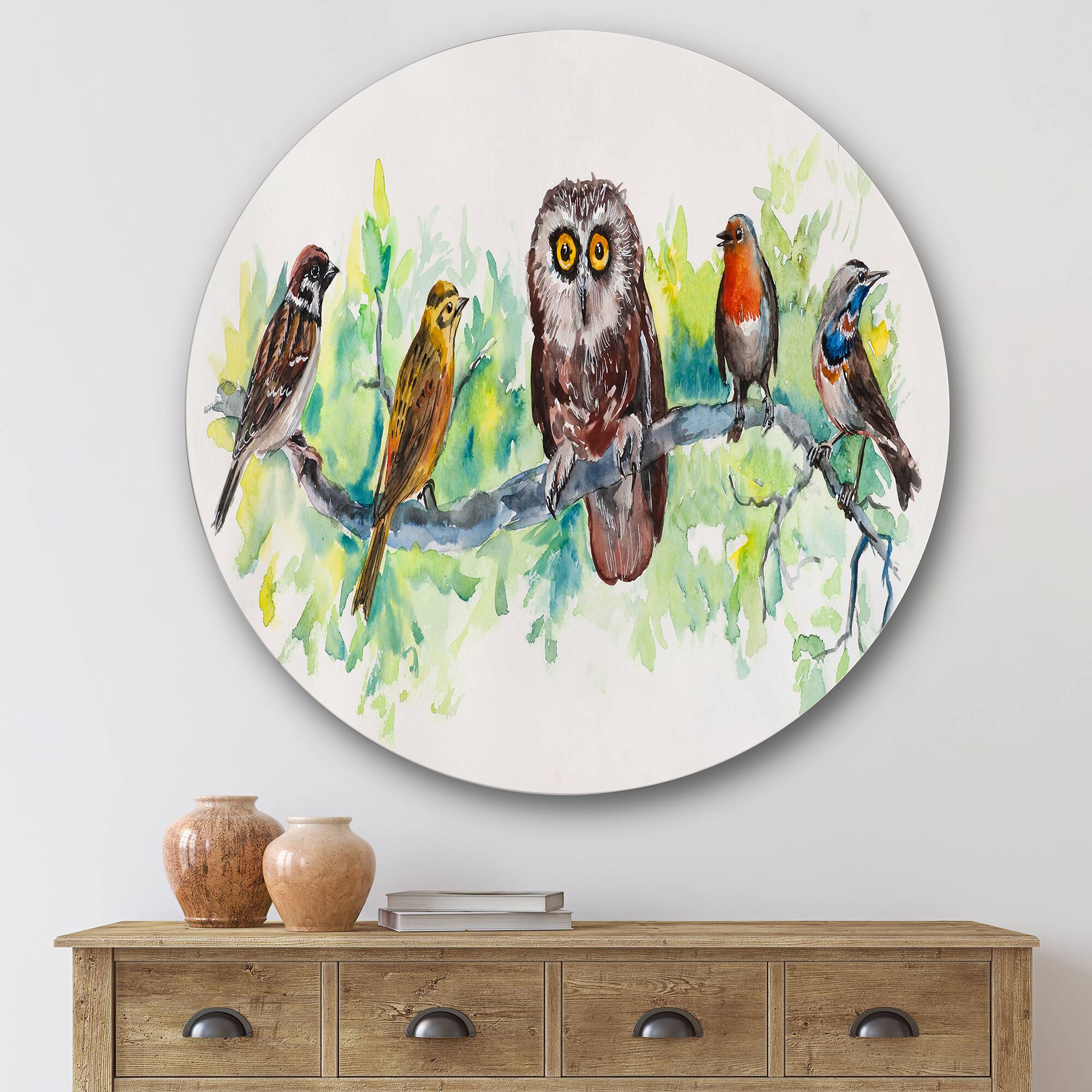 Designart - Owl On A Branch With Bird Friends - Traditional Metal Circle Wall Art