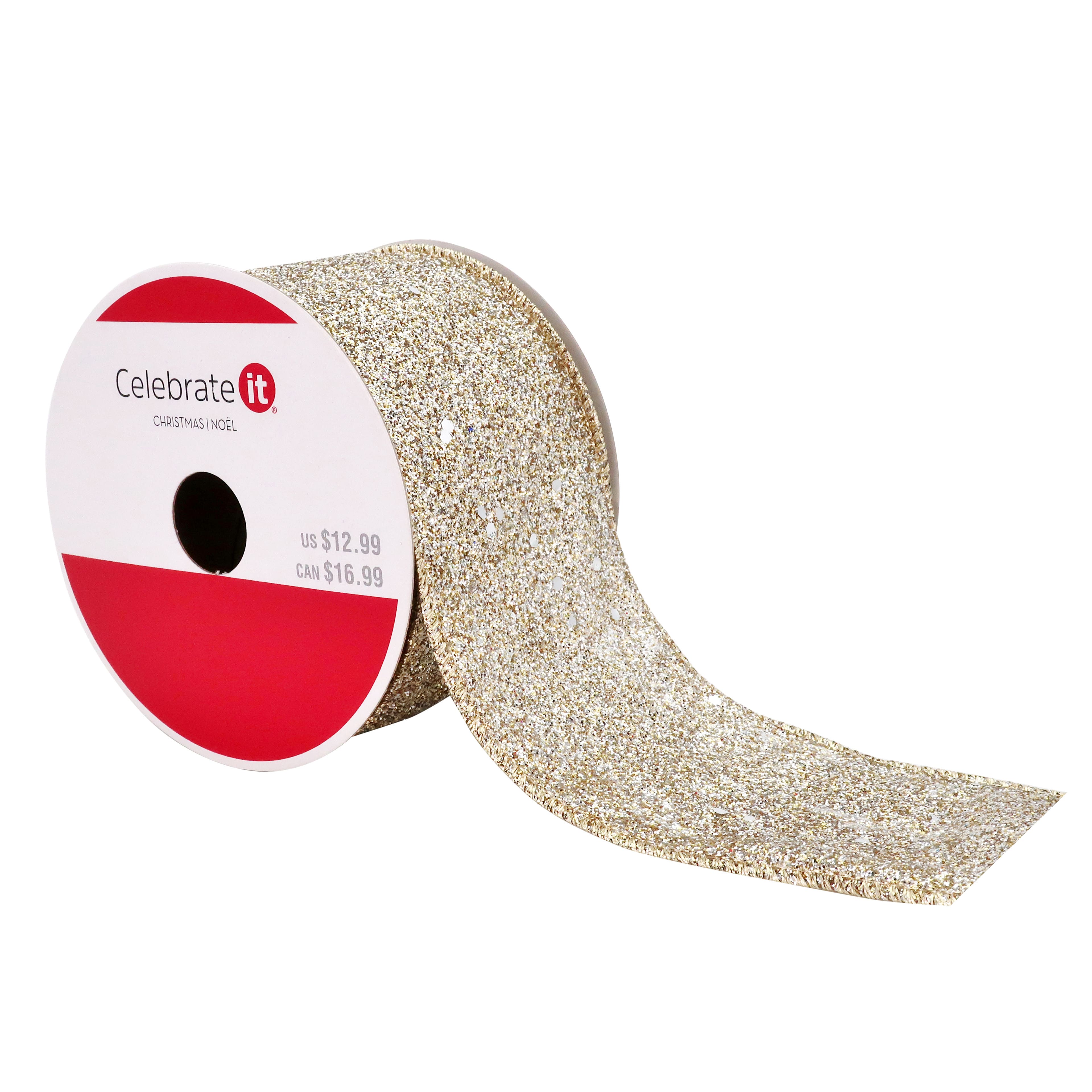 2.5&#x22; x 20ft. Champagne Silver Glitter Wired Shimmer Ribbon by Celebrate It&#xAE; Christmas