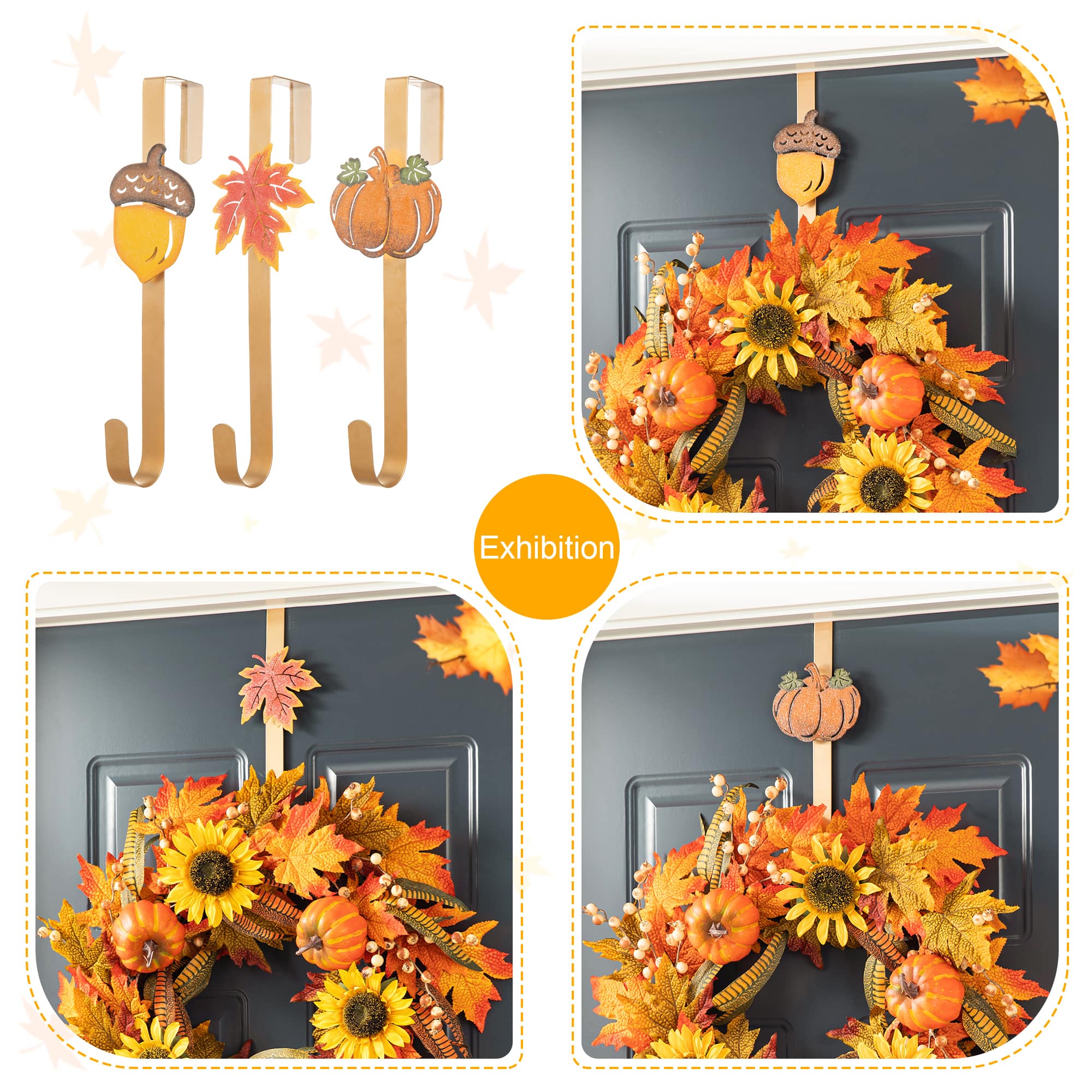 Glitzhome® 14" Fall Metal Acorn, Leaf & Pumpkin Wreath Hanger Set