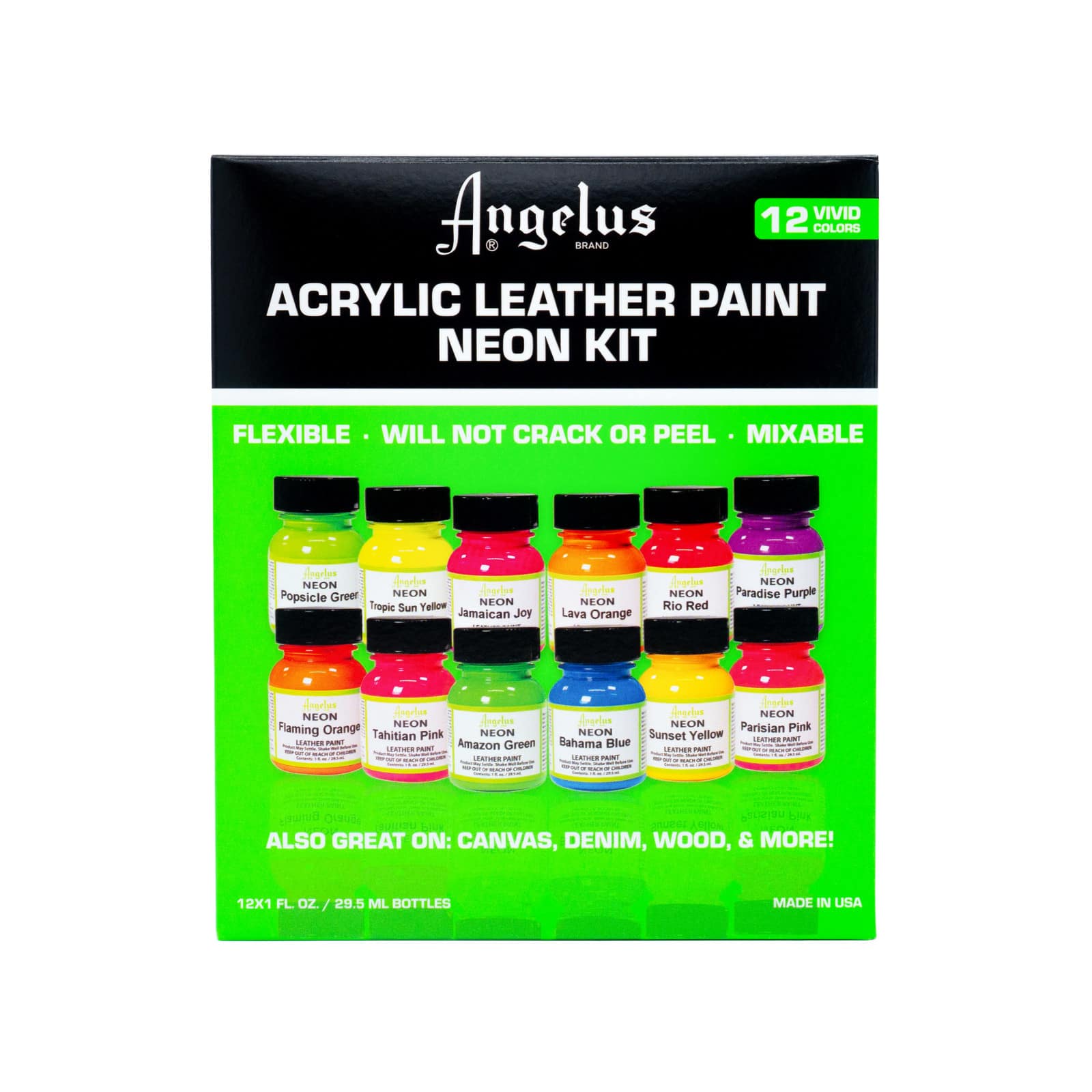 12 Packs: 12 ct. (144 total) Angelus&#xAE; Neon Acrylic Leather Paint Kit