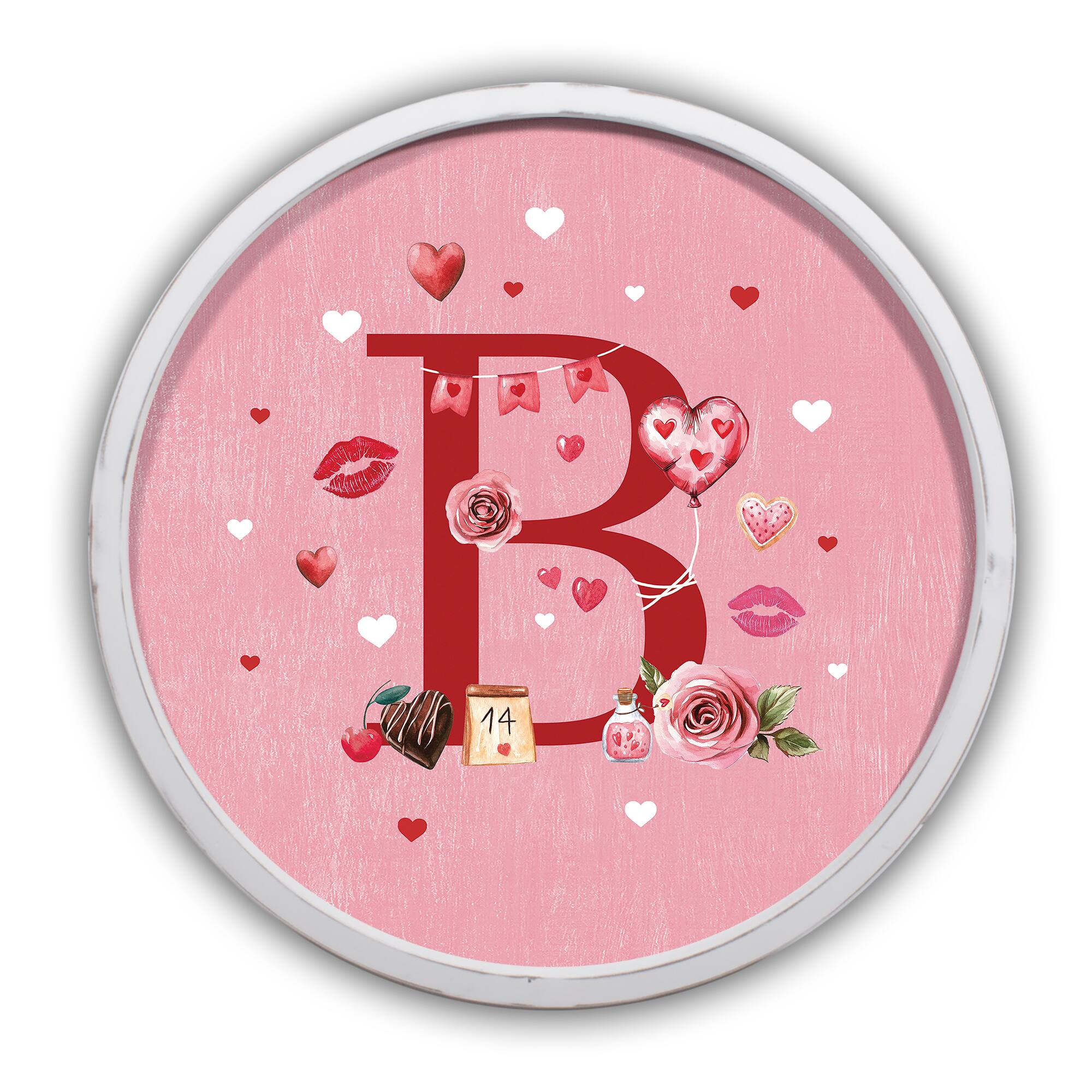 20&#x22; Valentine Things White Framed Round Monogram Print