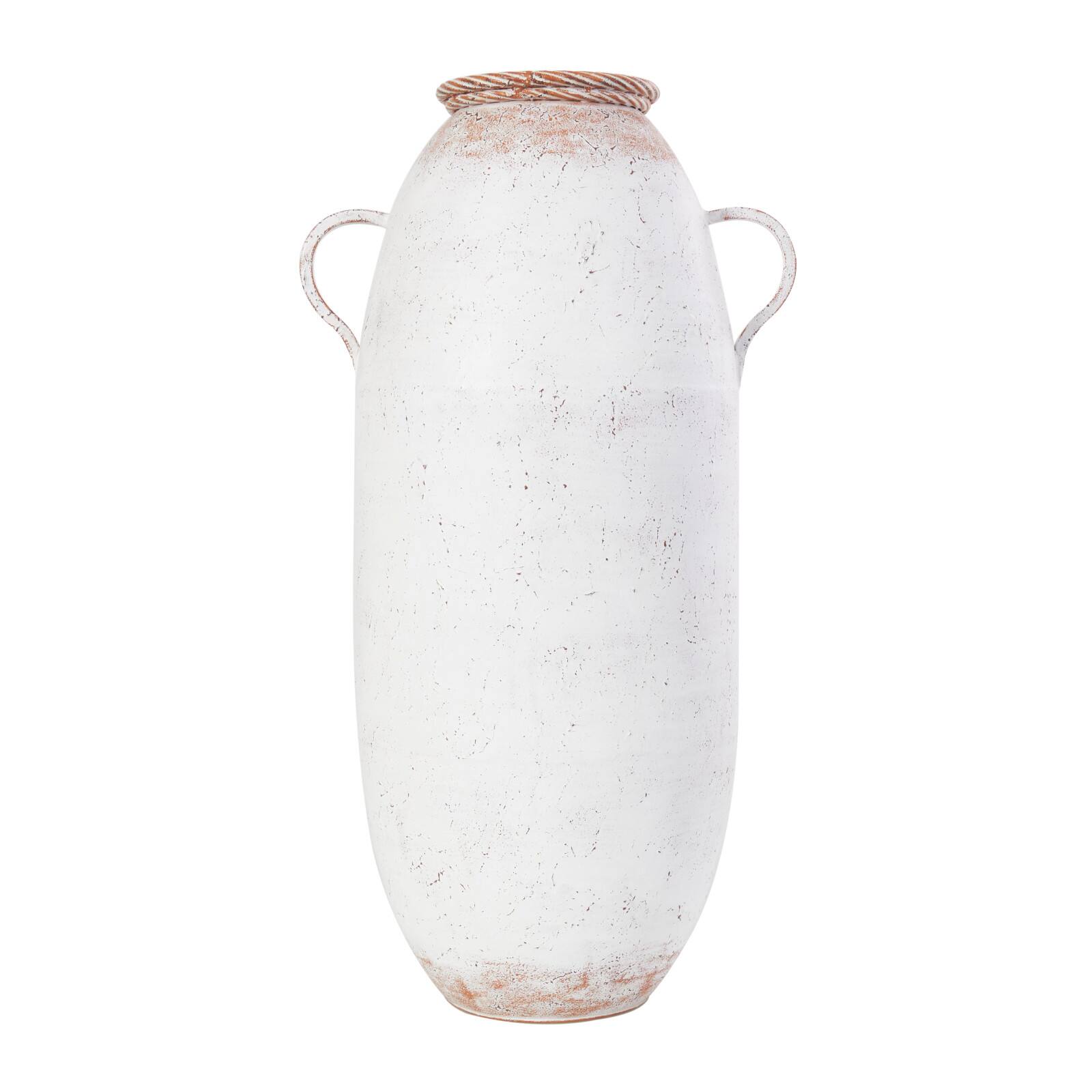 2ft. White Metal Antique Style Vase with Terra Cotta Accents & Handles
