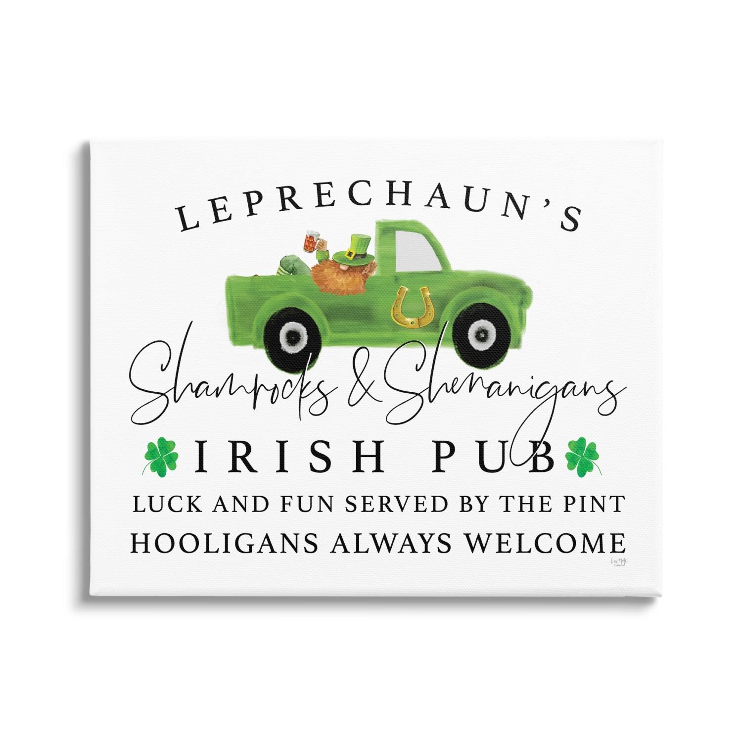 Stupell Industries Irish Pub Whimsical Leprechaun Green Shamrock Details Canvas Wall Art