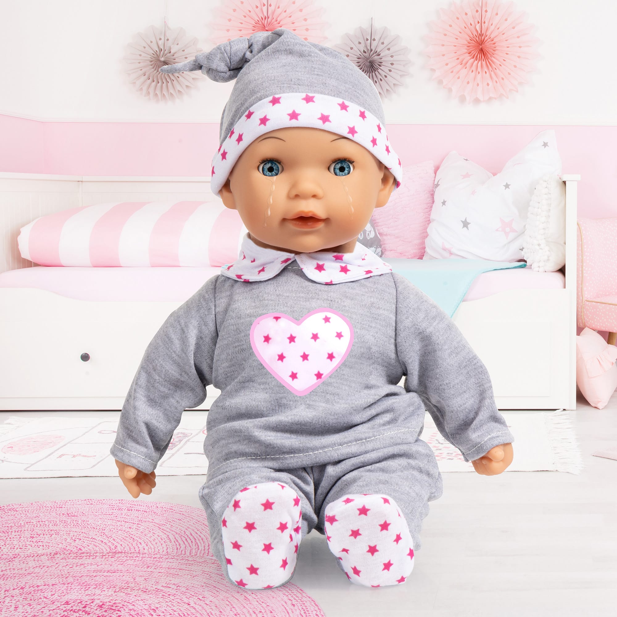 Bayer Design 15&#x22; Gray &#x26; Pink Hearts Interactive Tears Baby Doll