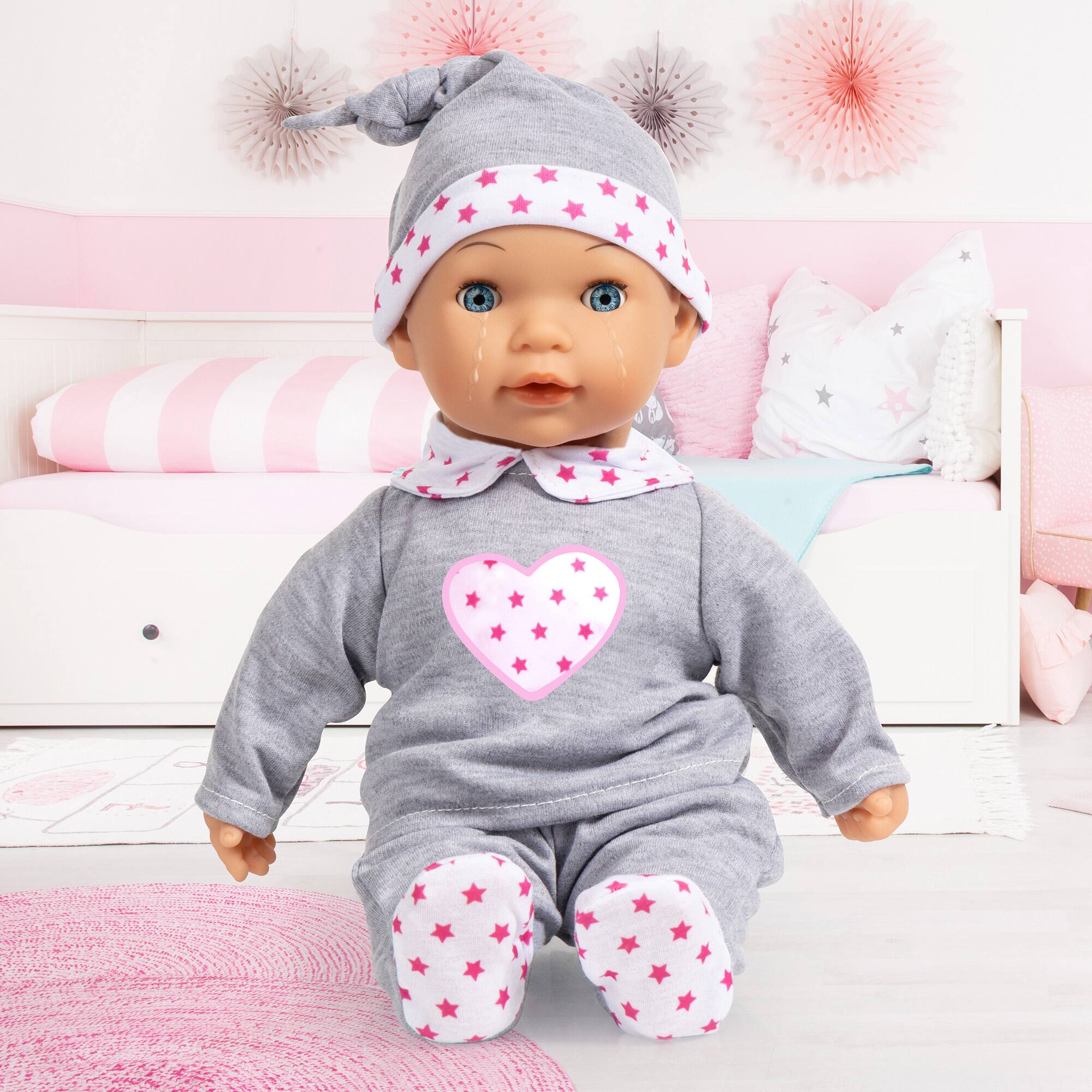 Bayer Design 15" Gray & Pink Hearts Interactive Tears Baby Doll