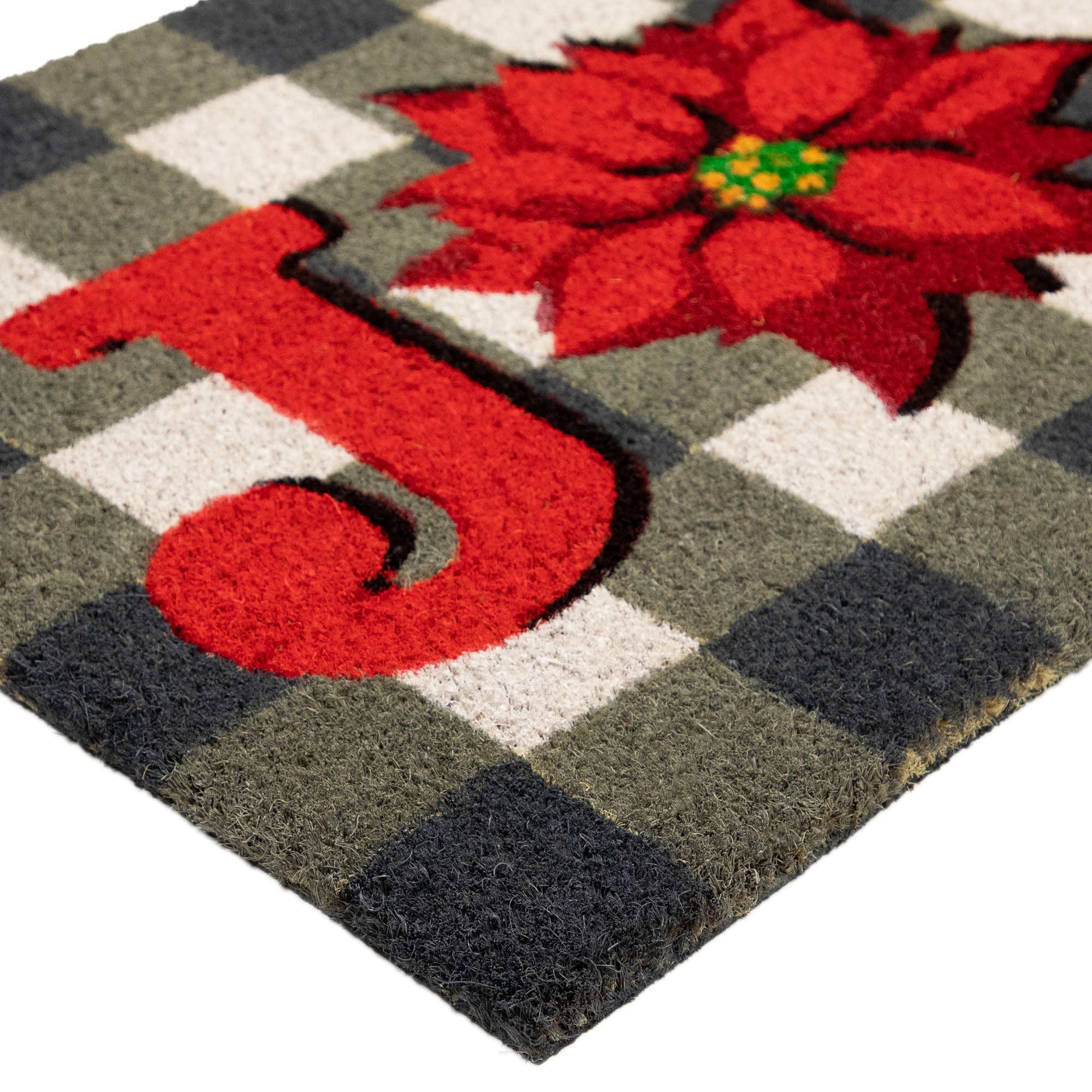 Gray and Red Poinsettia &#x22;Joy&#x22; Christmas Natural Coir Outdoor Doormat 18&#x22; x 30&#x22;