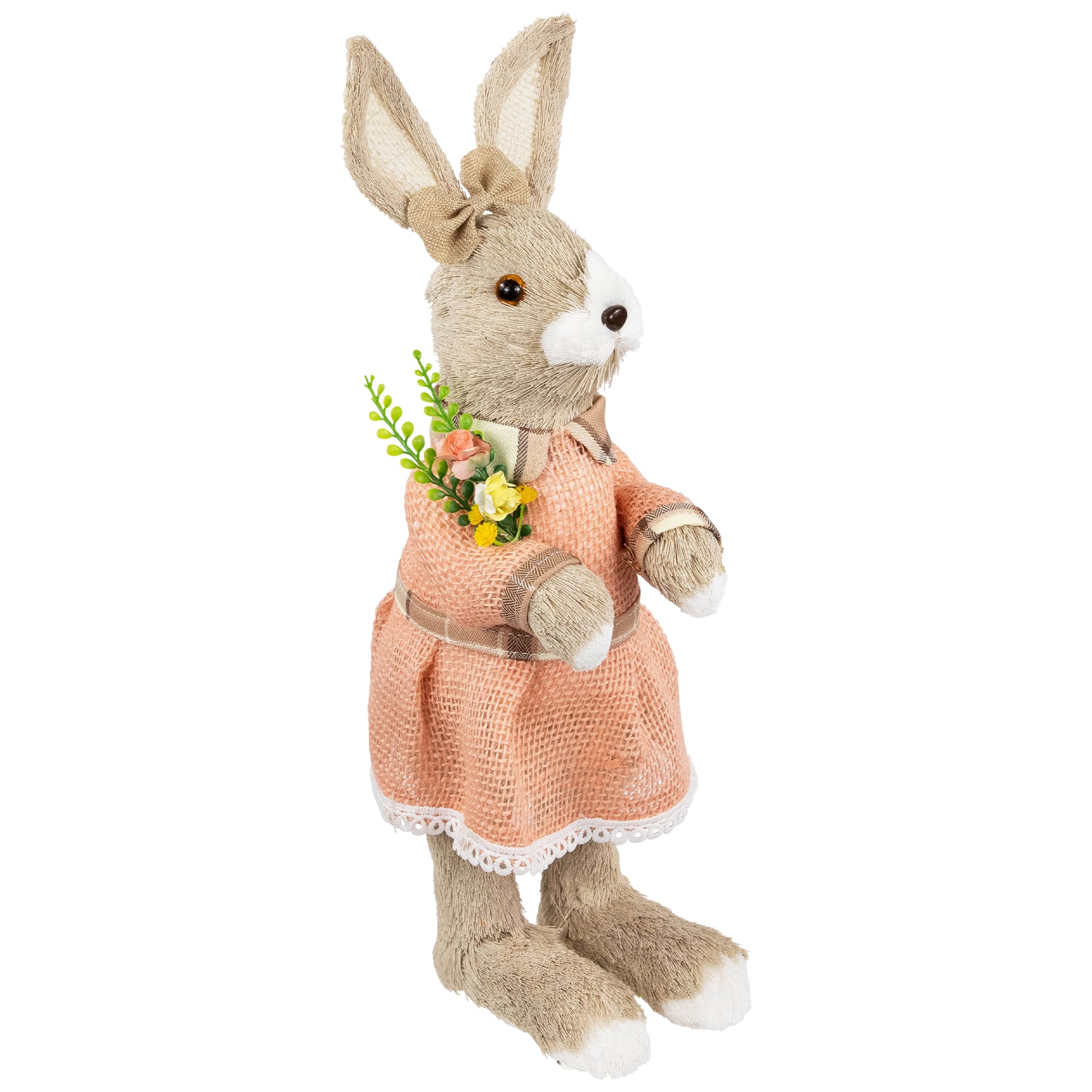 15.25" Beige Rustic Girl Rabbit Easter Figure with Flowers