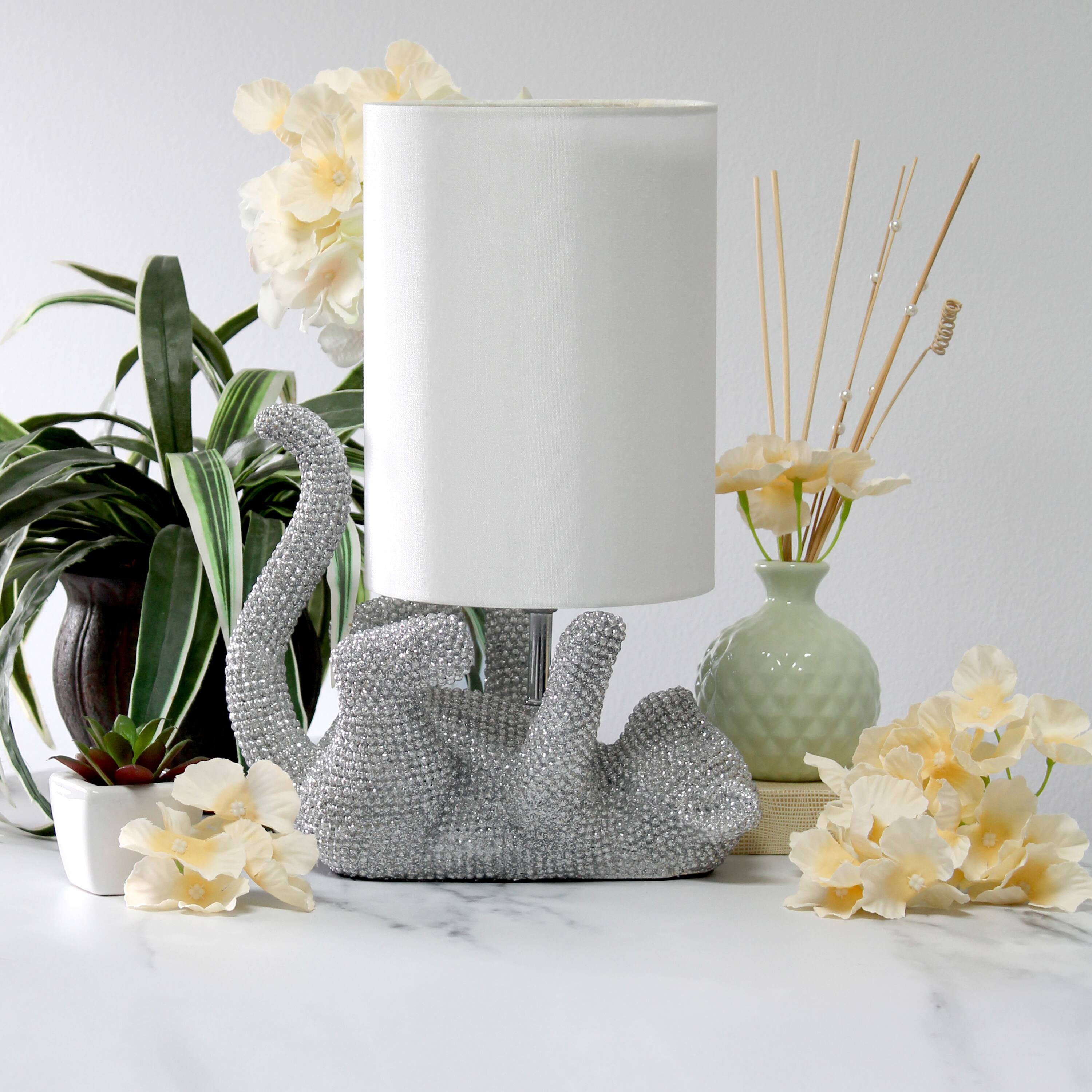 Lalia Home 12.6" Silver Diamond Studded Cat Table Lamp with Faux Silk Shade