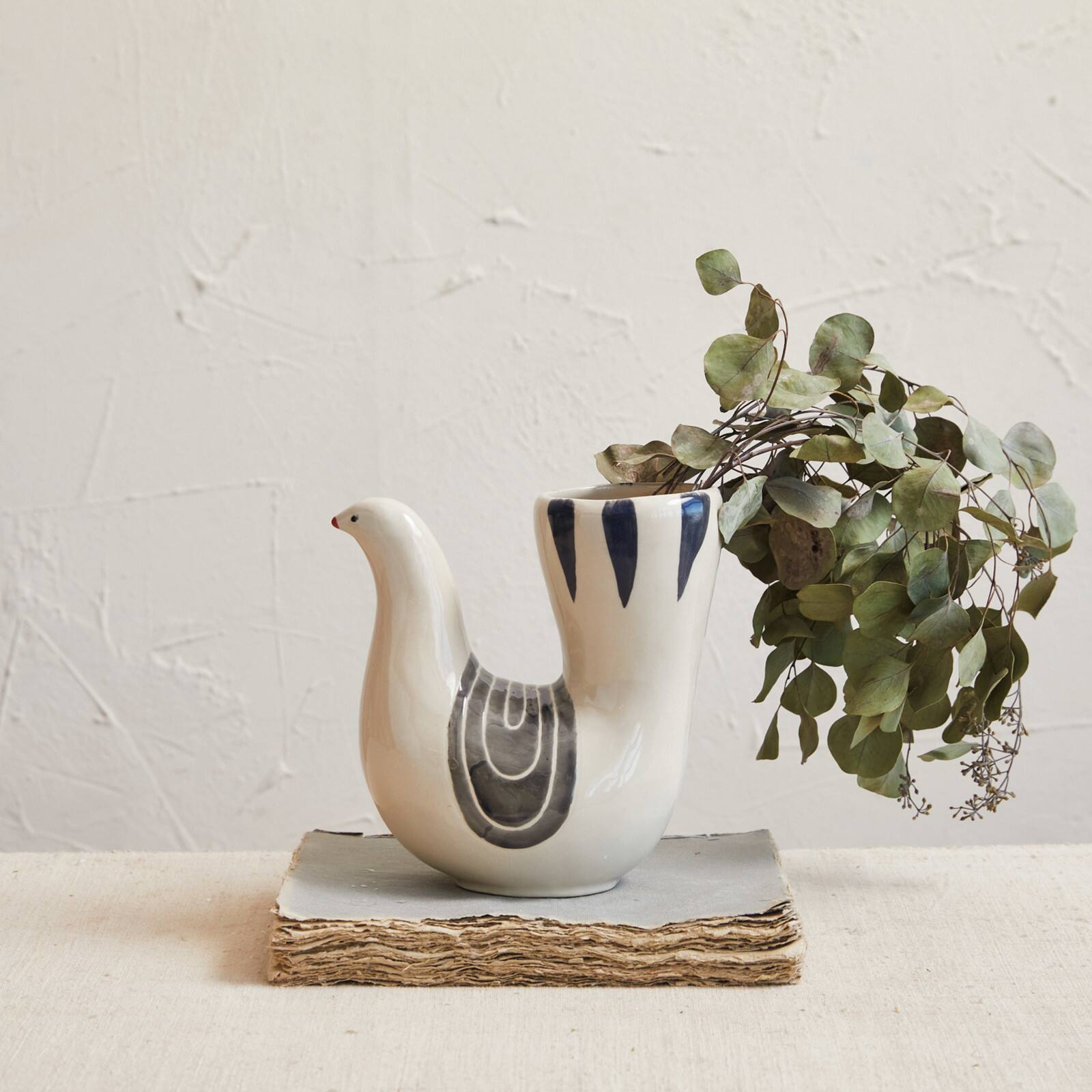 Hello Honey® 7.5" White, Gray & Blue Hand-Painted Stoneware Dove Vase