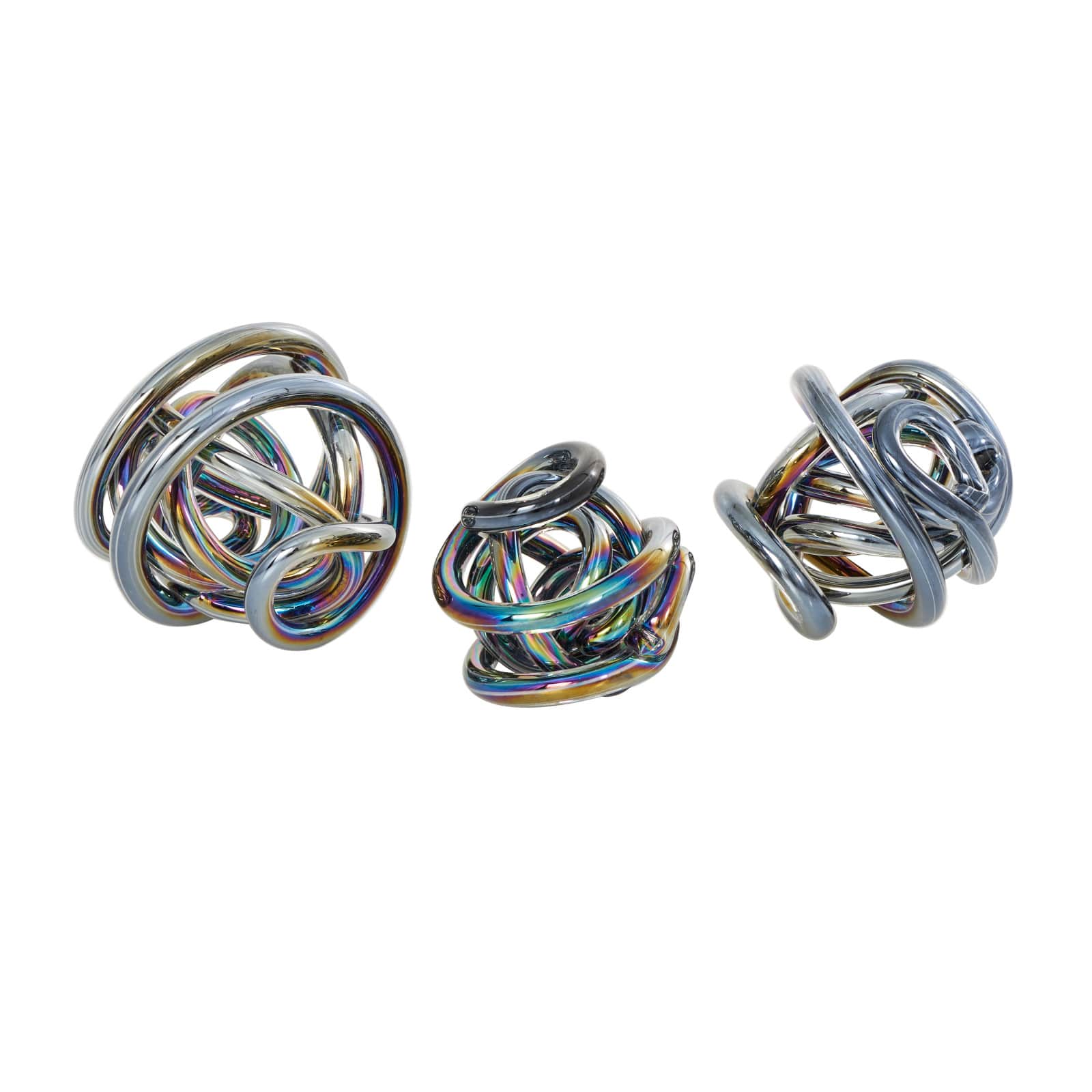 Silver Glass Abstract Iridescent Knotted Ball Sculpture Set