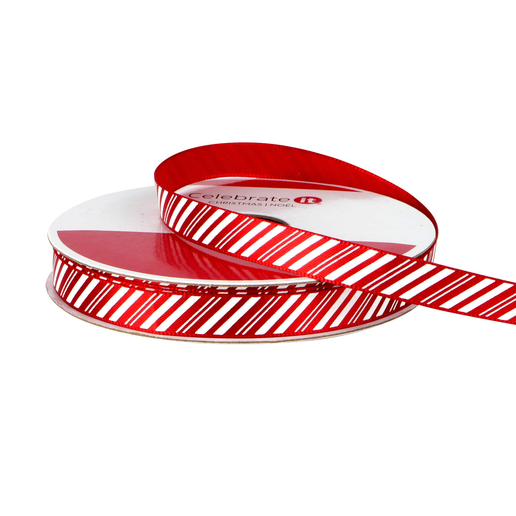 3/8&#x22; x 12ft. Red &#x26; White Diagonal Stripes Ribbon by Celebrate It&#xAE; Christmas