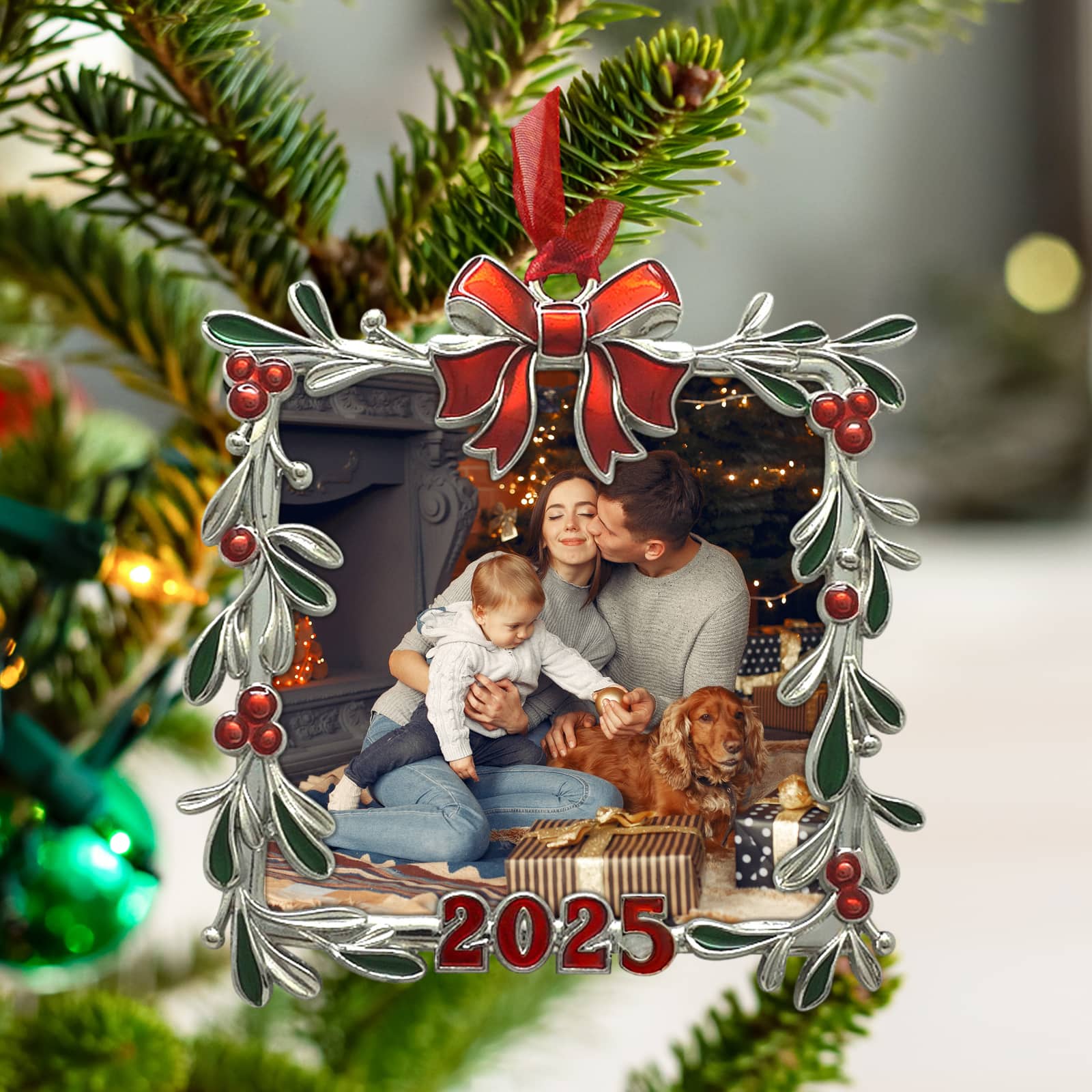 2.5&#x22; x 2.5&#x22; Silver Mistletoe &#x26; Bow 2025 Ornament Frame by Studio D&#xE9;cor&#xAE;