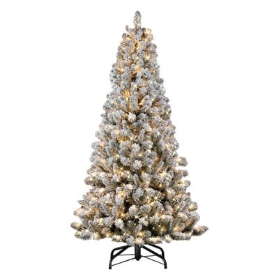 6.5ft. Pre-Lit Flocked Virginia Pine Artificial Christmas Tree, Clear ...