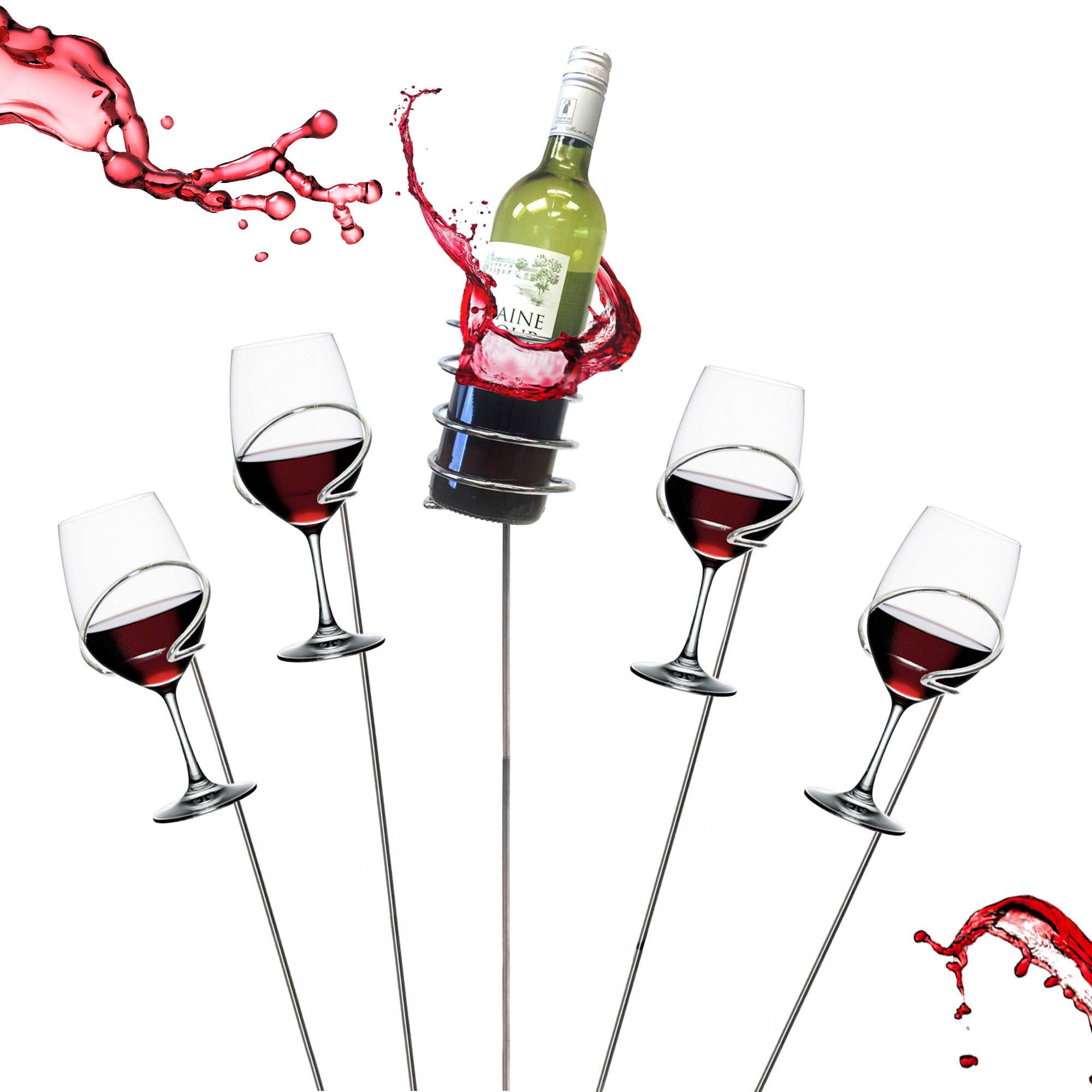 Mind Reader Silver 5-Piece Set Picnic Metal Wine Sticks Holder for Wine Bottle & Wine Glasses