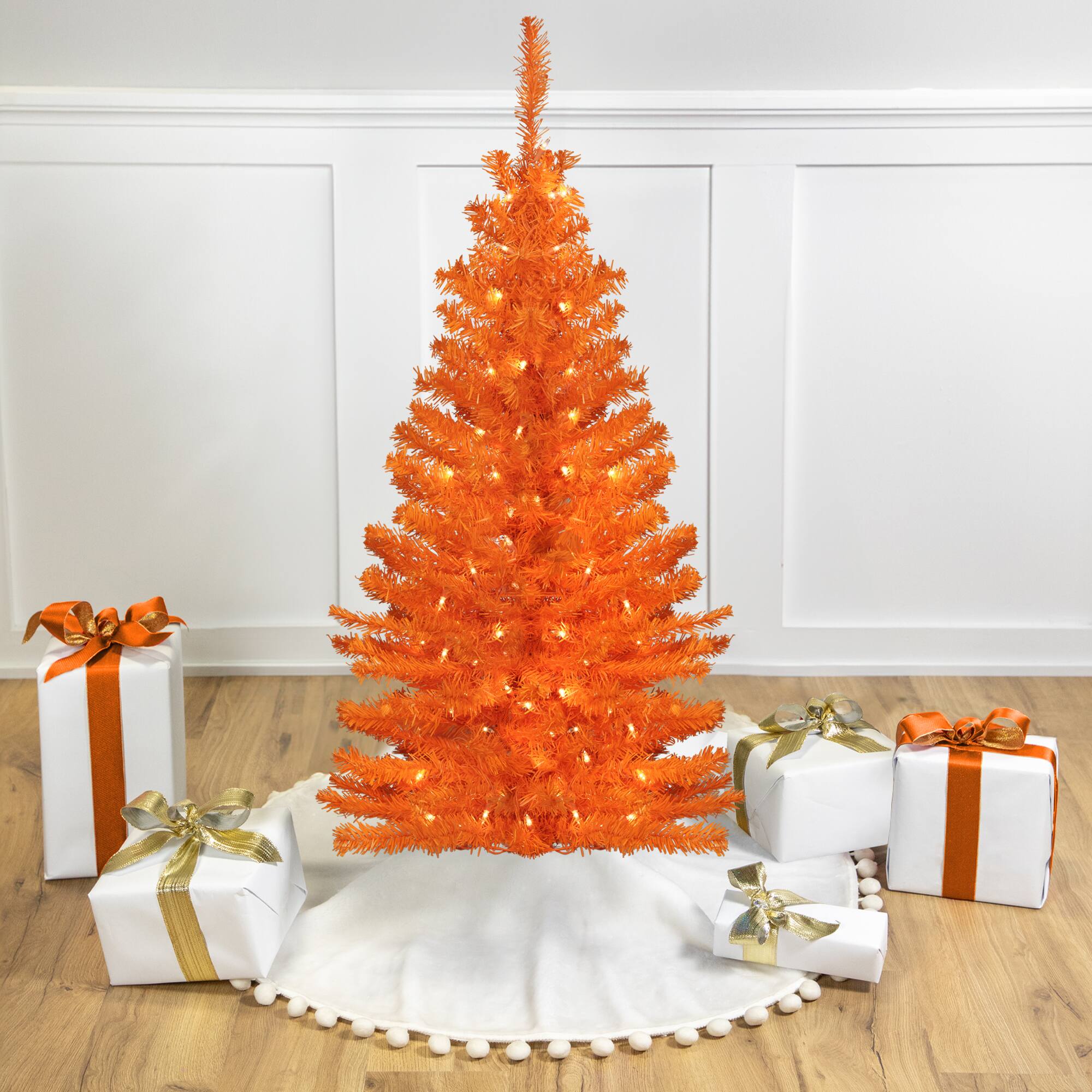 4ft. Pre-Lit Medium Orange Artificial Pine Christmas Tree, Clear Lights