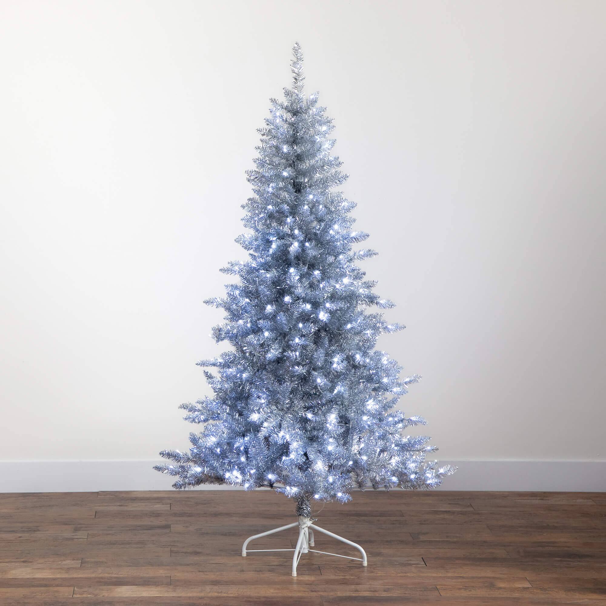 6ft. Pre-Lit Silver Tinsel Artificial Christmas Tree, Cool White Lights