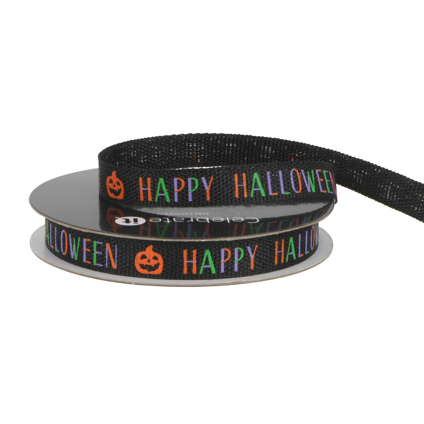 3/8&#x22; x 4yd. Black Happy Halloween Pumpkin Ribbon by Celebrate It&#xAE; Halloween