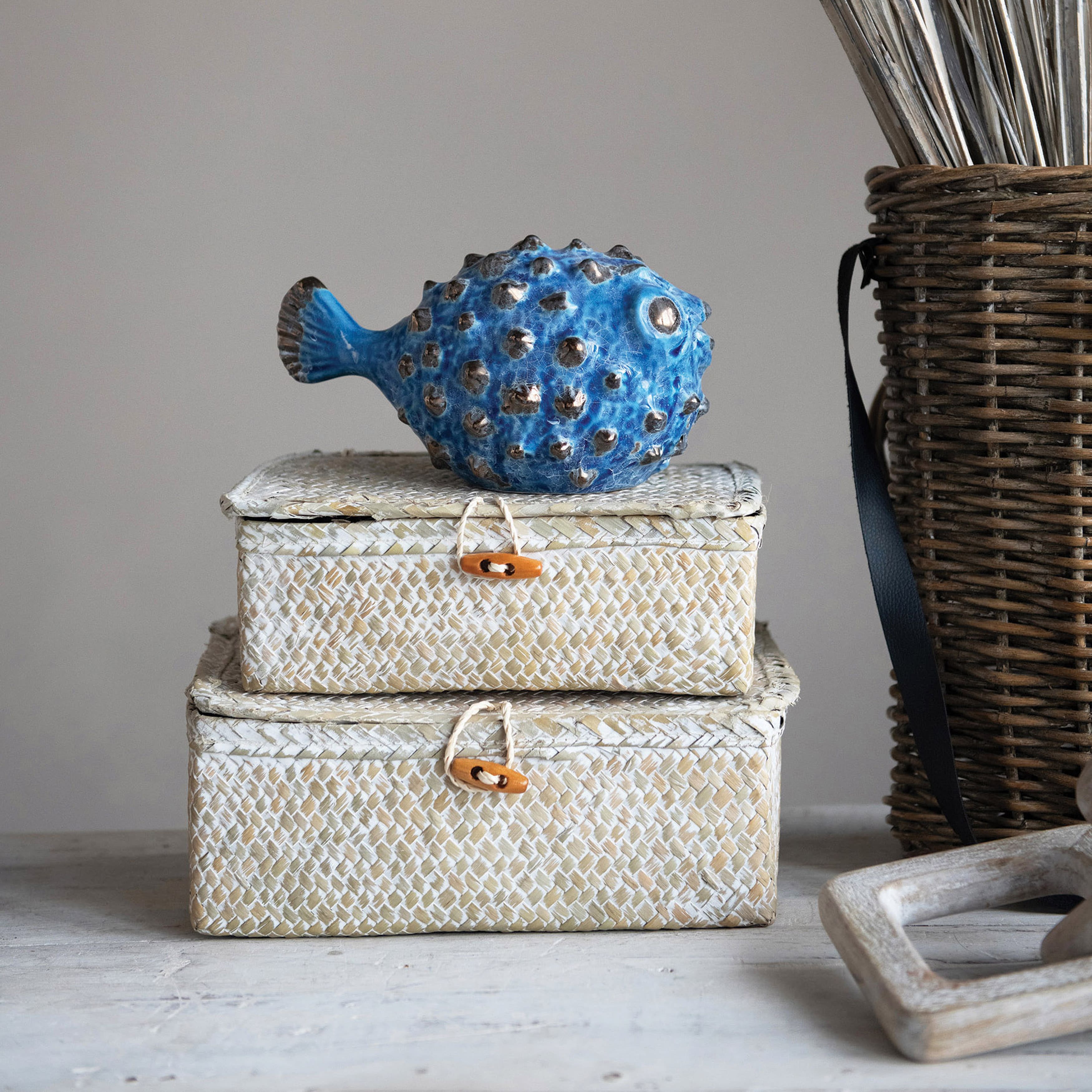 Hello Honey&#xAE; Whitewashed Hand-Woven Seagrass Boxes with Lids &#x26; Toggle Closure Set