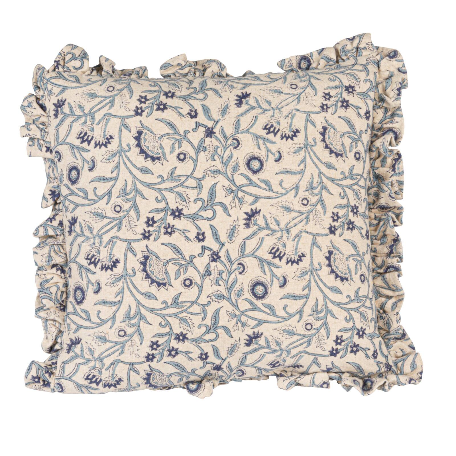 Hello Honey&#xAE; 18&#x22; Blue &#x26; White Floral Accent Pillow with Ruffled Edges