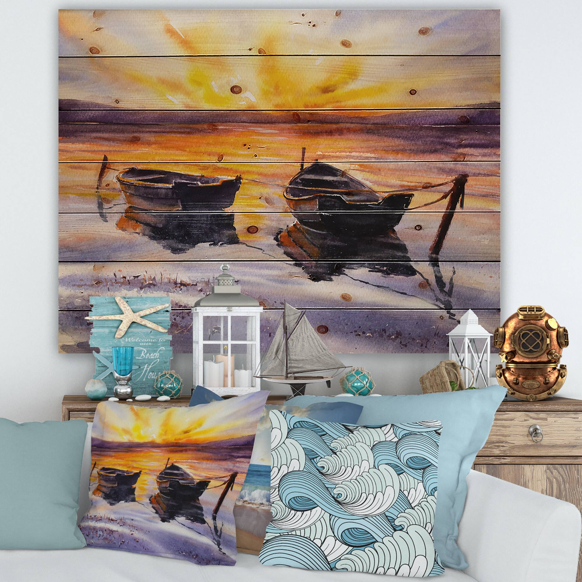 Designart - Sunset and Two Small Boats Parking On The Shore - Lake House Print on Natural Pine Wood
