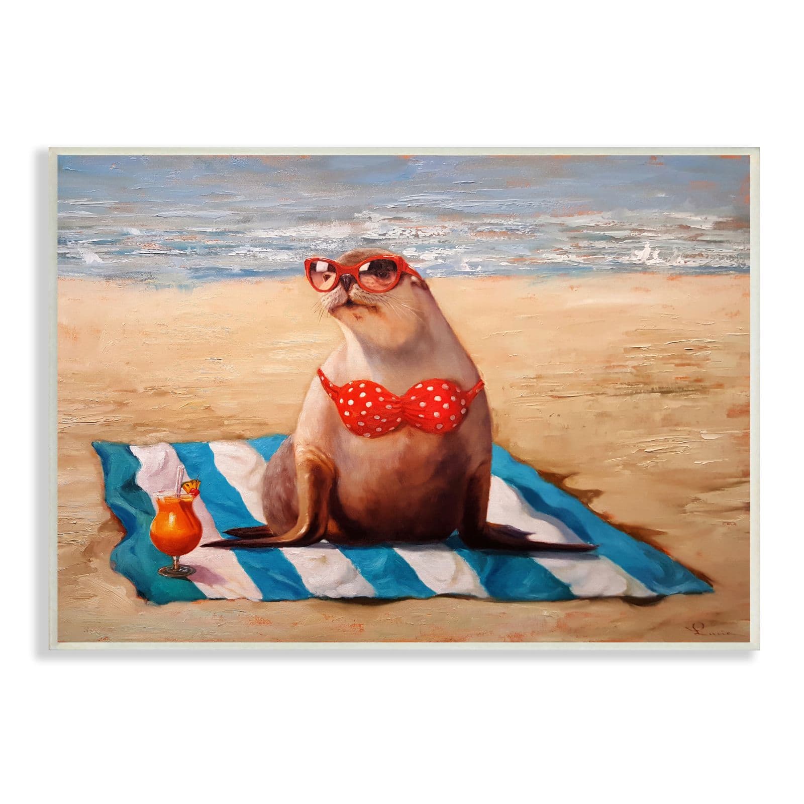 Stupell Industries Polka Dot Bikini Sea Lion Tropical Drink Beach Scene Wall Plaque