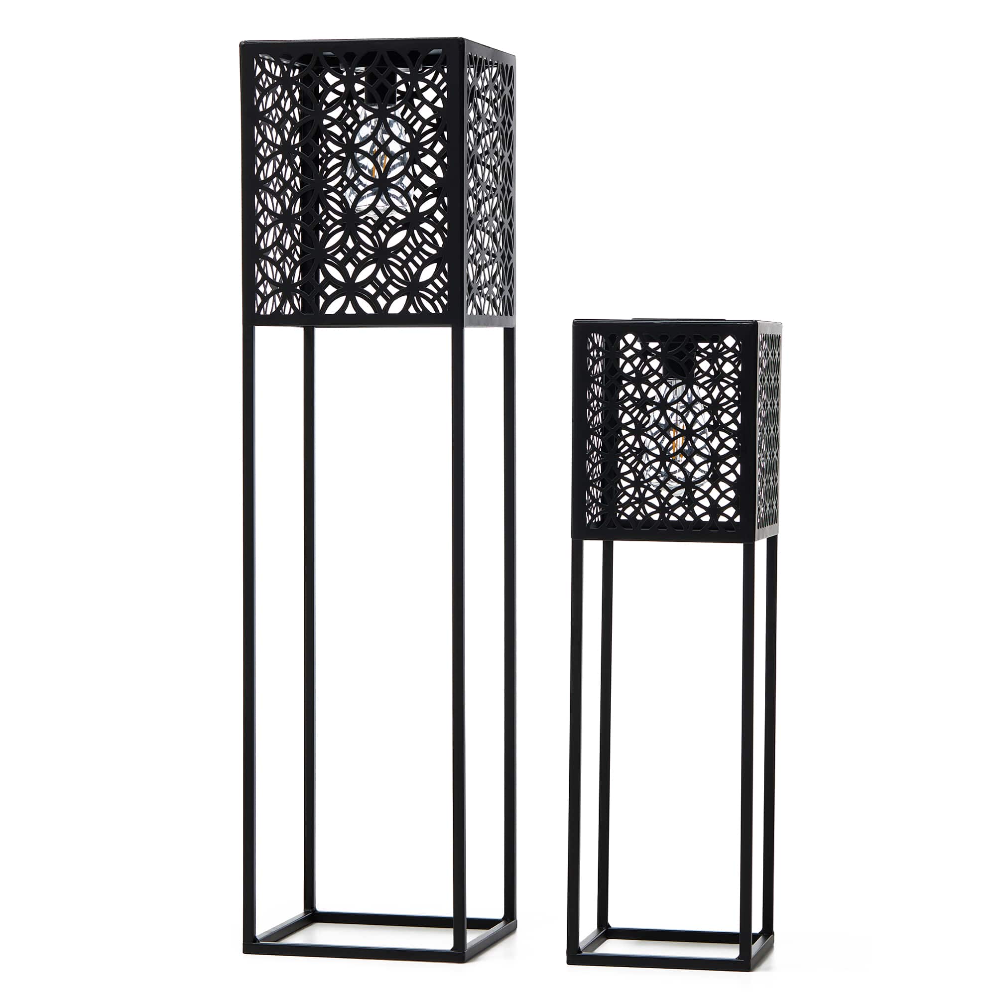 Glitzhome® Black Metal Cutout Pattern Solar Powered Outdoor Floor Lanterns Set