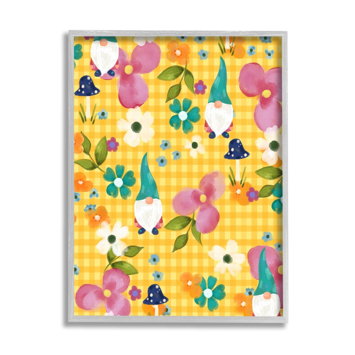 Stupell Industries Yellow Tartan Patterned Spring Gnomes Mushrooms Framed Giclee Art