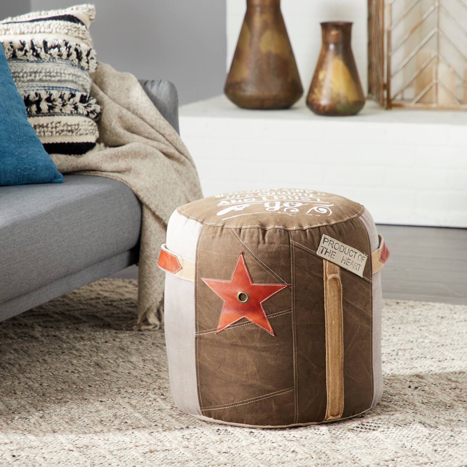 Brown Canvas and Leather Rustic Pouf, 19" x 17" x 17"