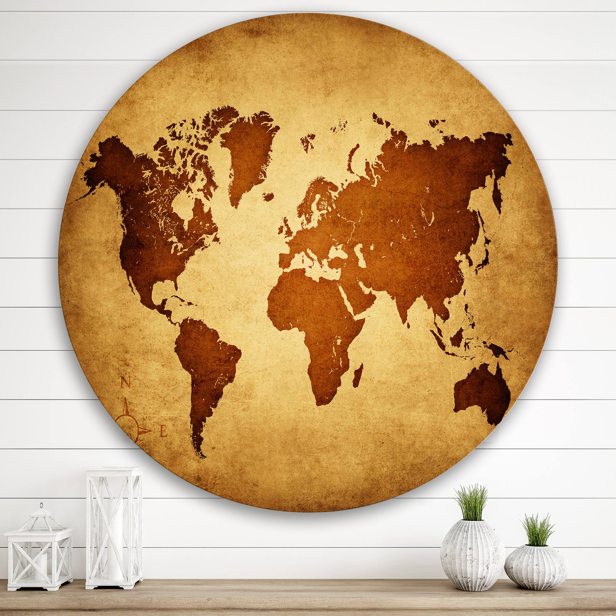 Designart - Ancient Map of The World VI - Vintage Metal Circle Wall Art