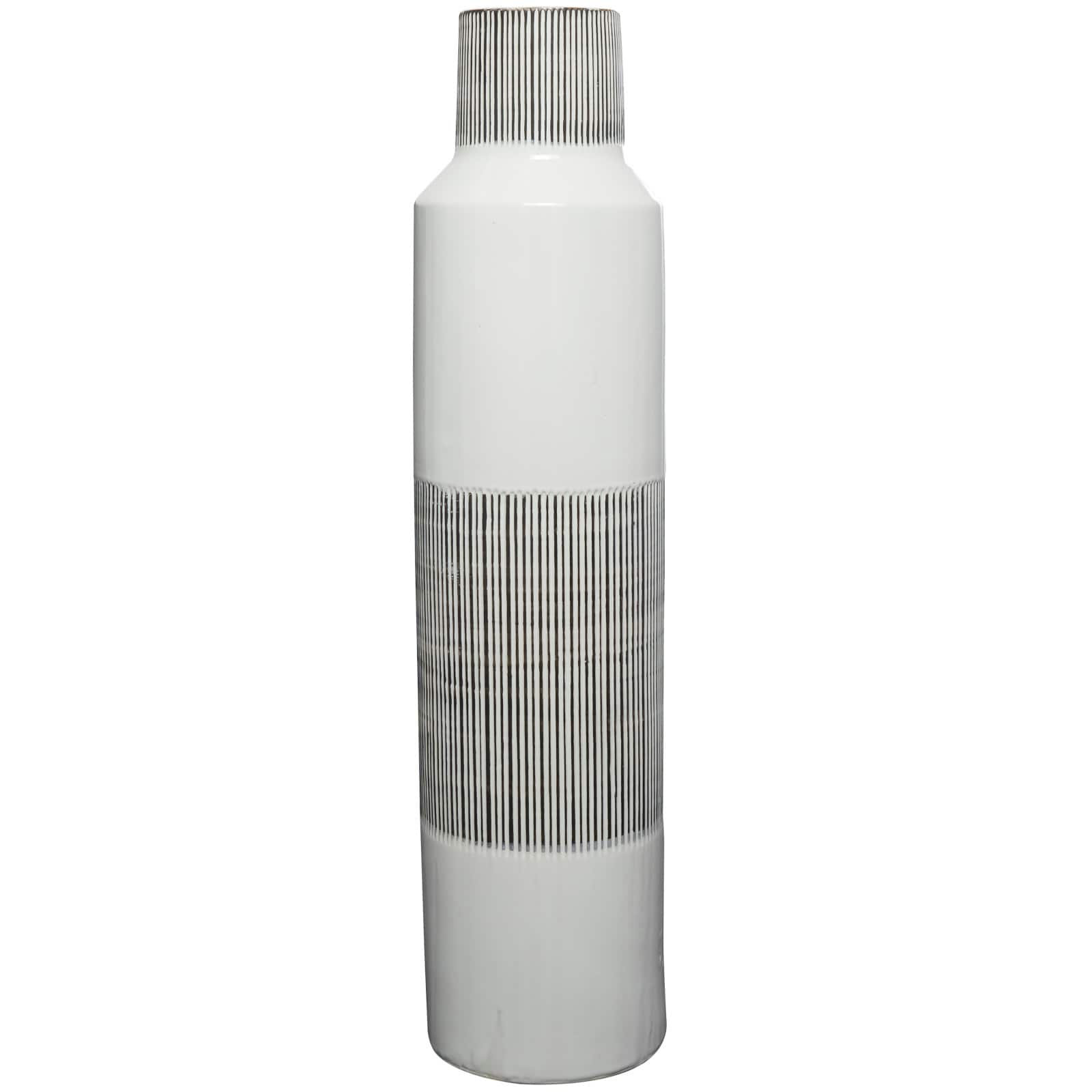 Glossy White Ceramic Vase with Vertical Stripes