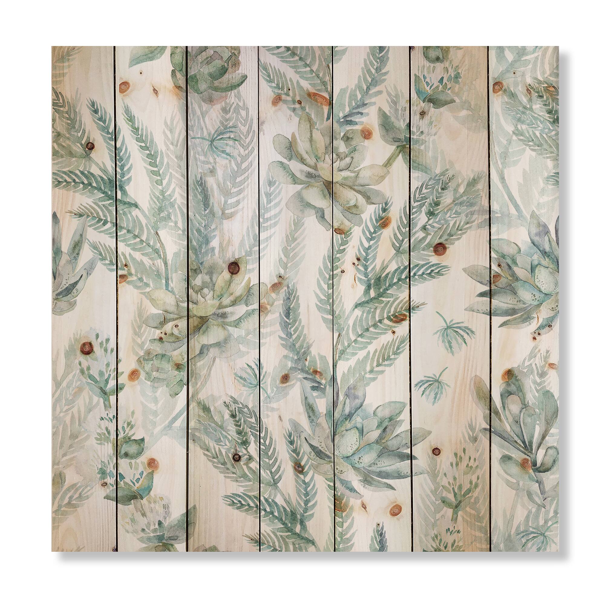Designart - Floral Seamless Pattern Succulents Ferns Thorns - Farmhouse Print on Natural Pine Wood