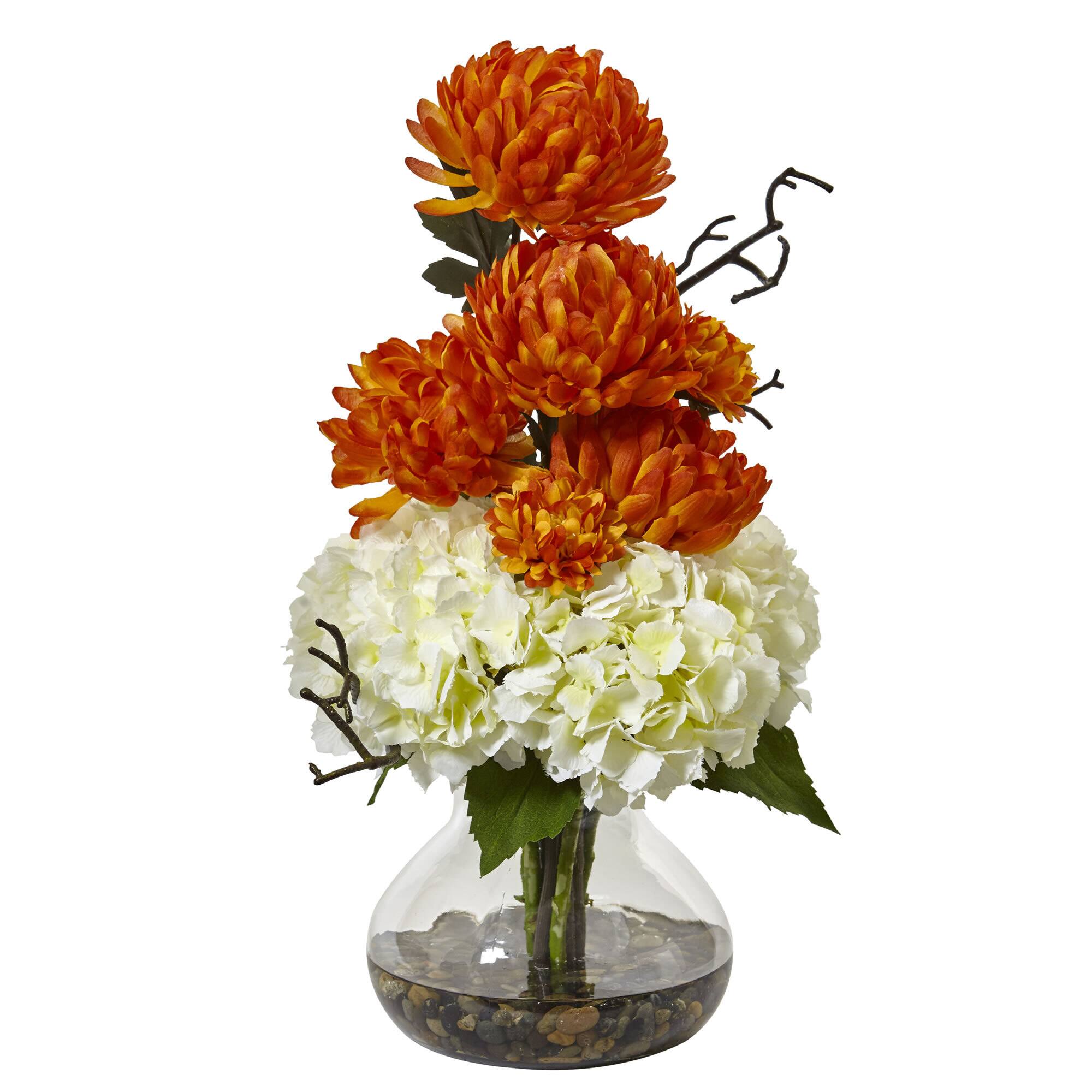19" Orange & White Hydrangea & Mum in Glass Vase
