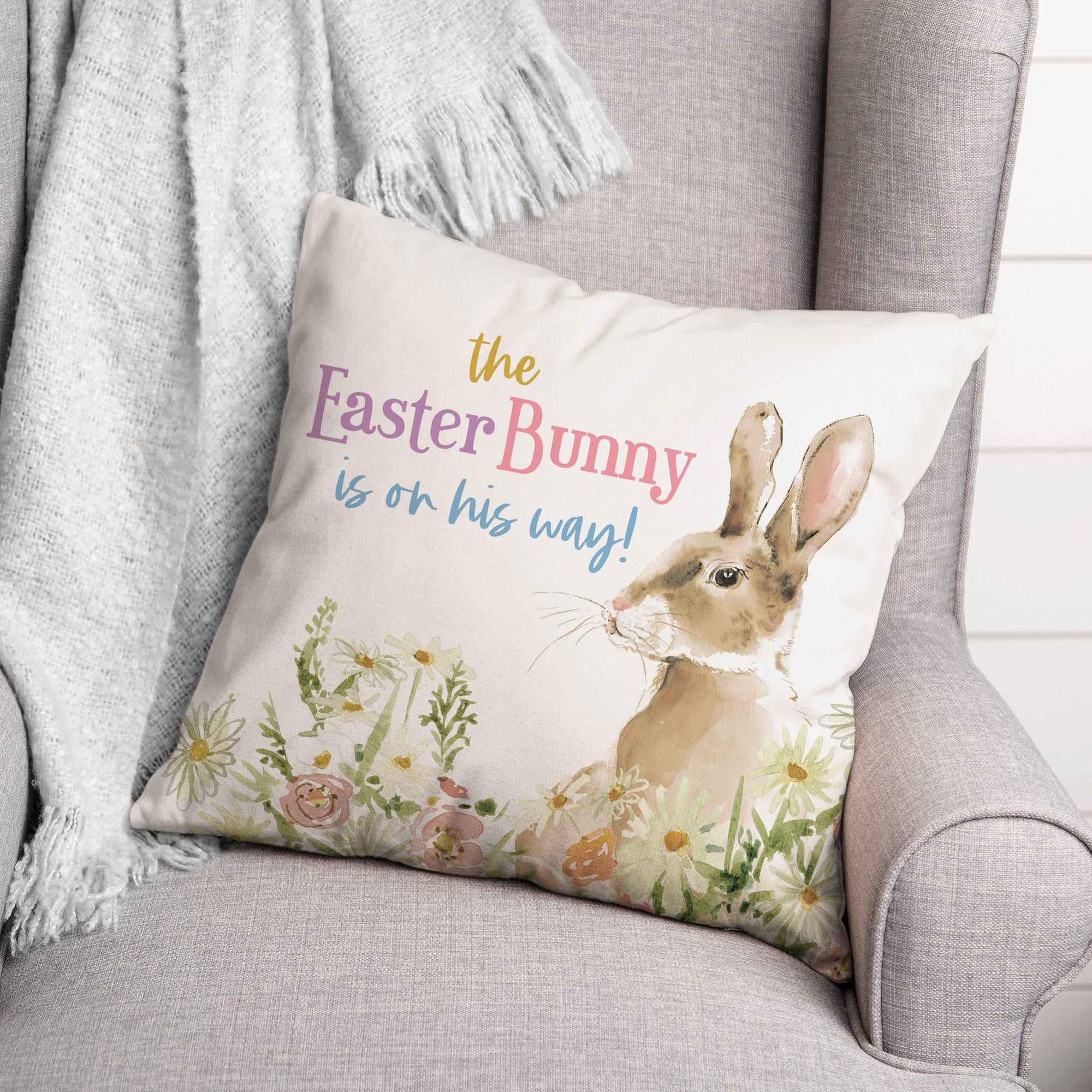 Easter Bunny On His Way 18&#x22; x 18&#x22; Throw Pillow