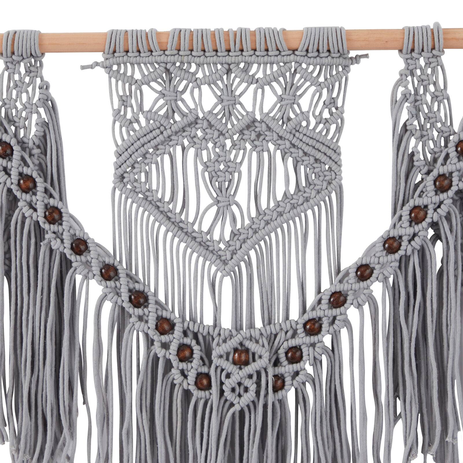 Gray Cotton Intricately Weaved Macrame Wall Decor with Beaded Fringe Tassels 36" x 1" x 47"